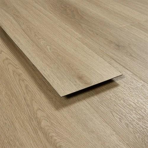 smoky oak effect vinyl flooring plank on wooden surface, close up of texture and grain detail