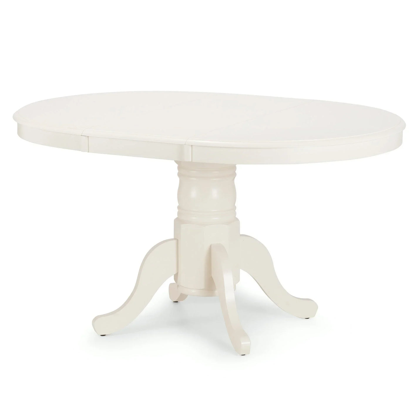 White oval dining table with pedestal base and extended leaf section