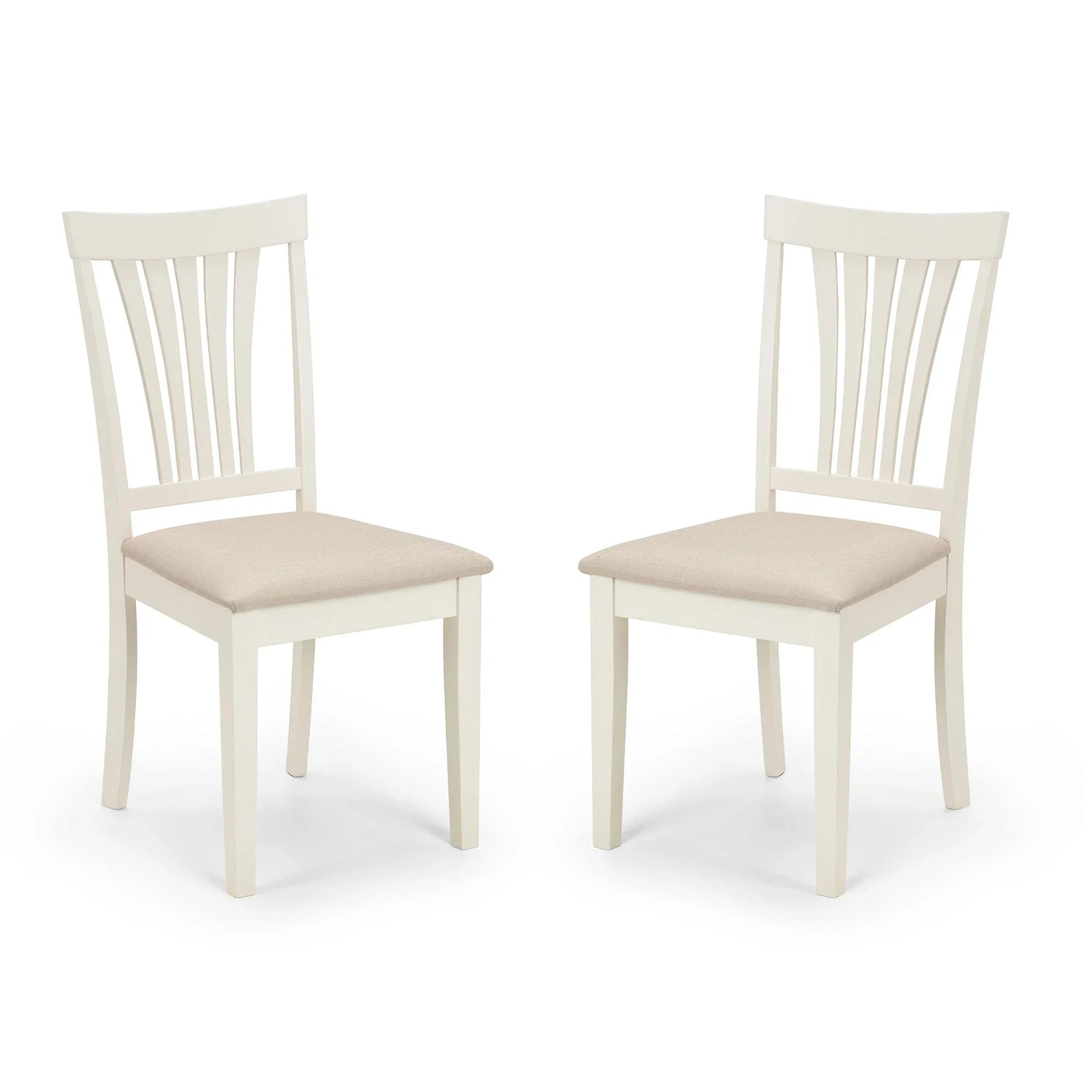 Set of 2 white wooden dining chairs with slatted backs and beige cushioned seats