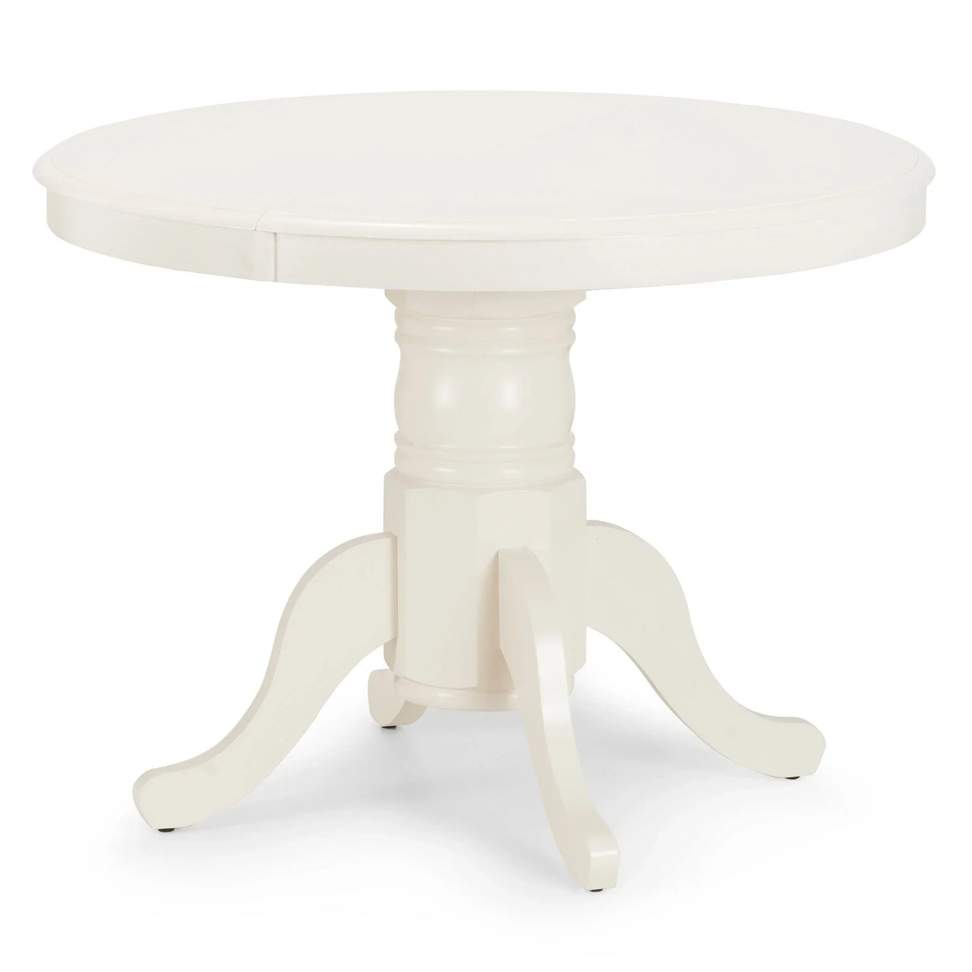 Round white dining table with pedestal base and curved legs, closed position