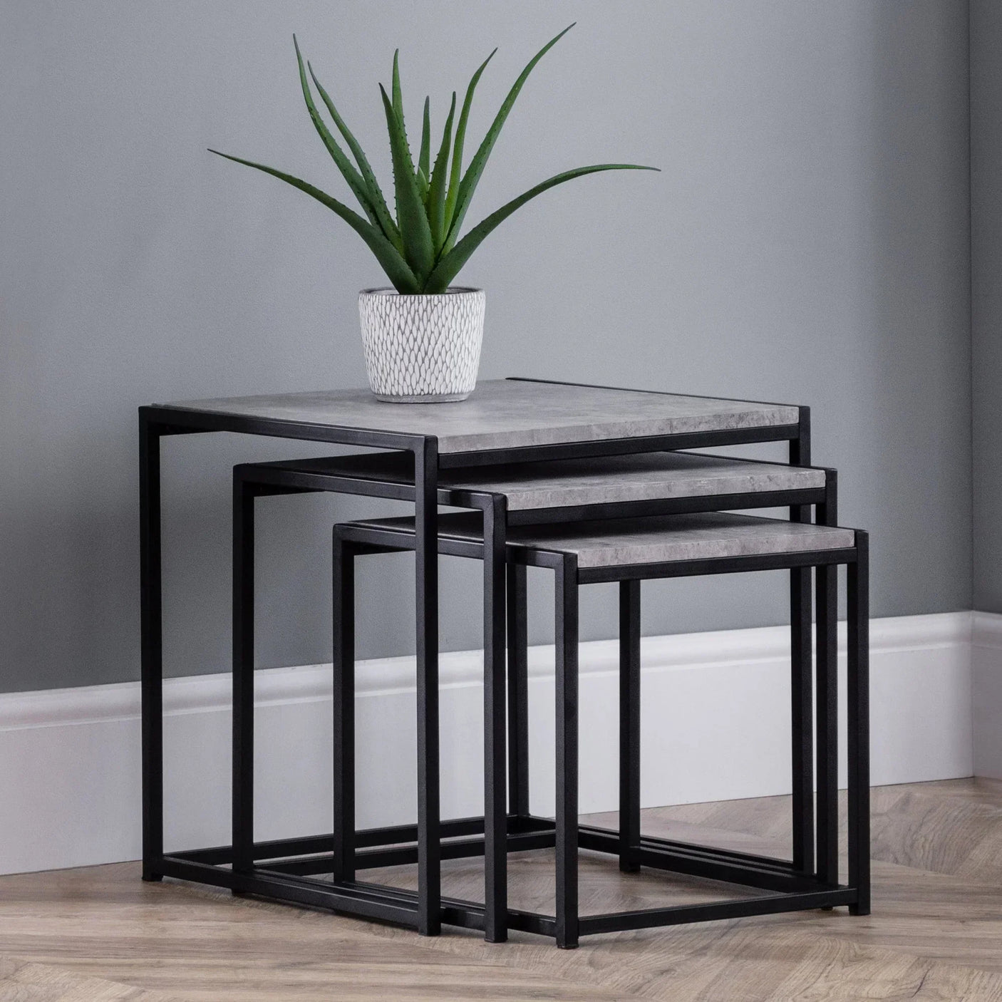 Modern nest of tables with black metal frame and grey tops, aloe plant on top table