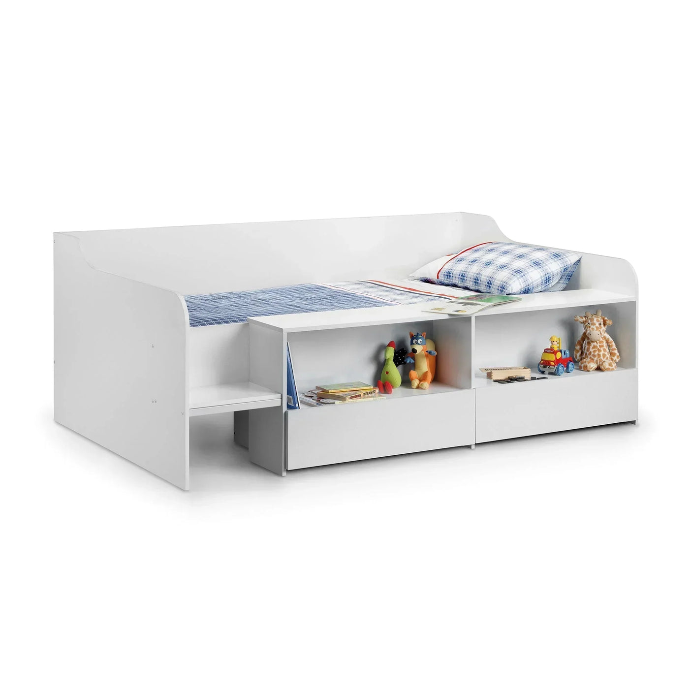 White low sleeper bed with open storage shelves and steps, styled with toys and books