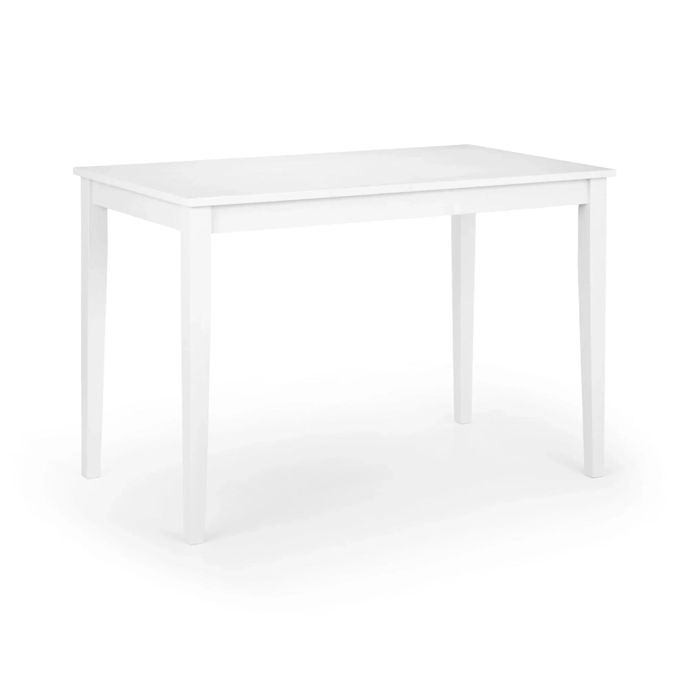 Rectangular white dining table with four tapered legs on white background