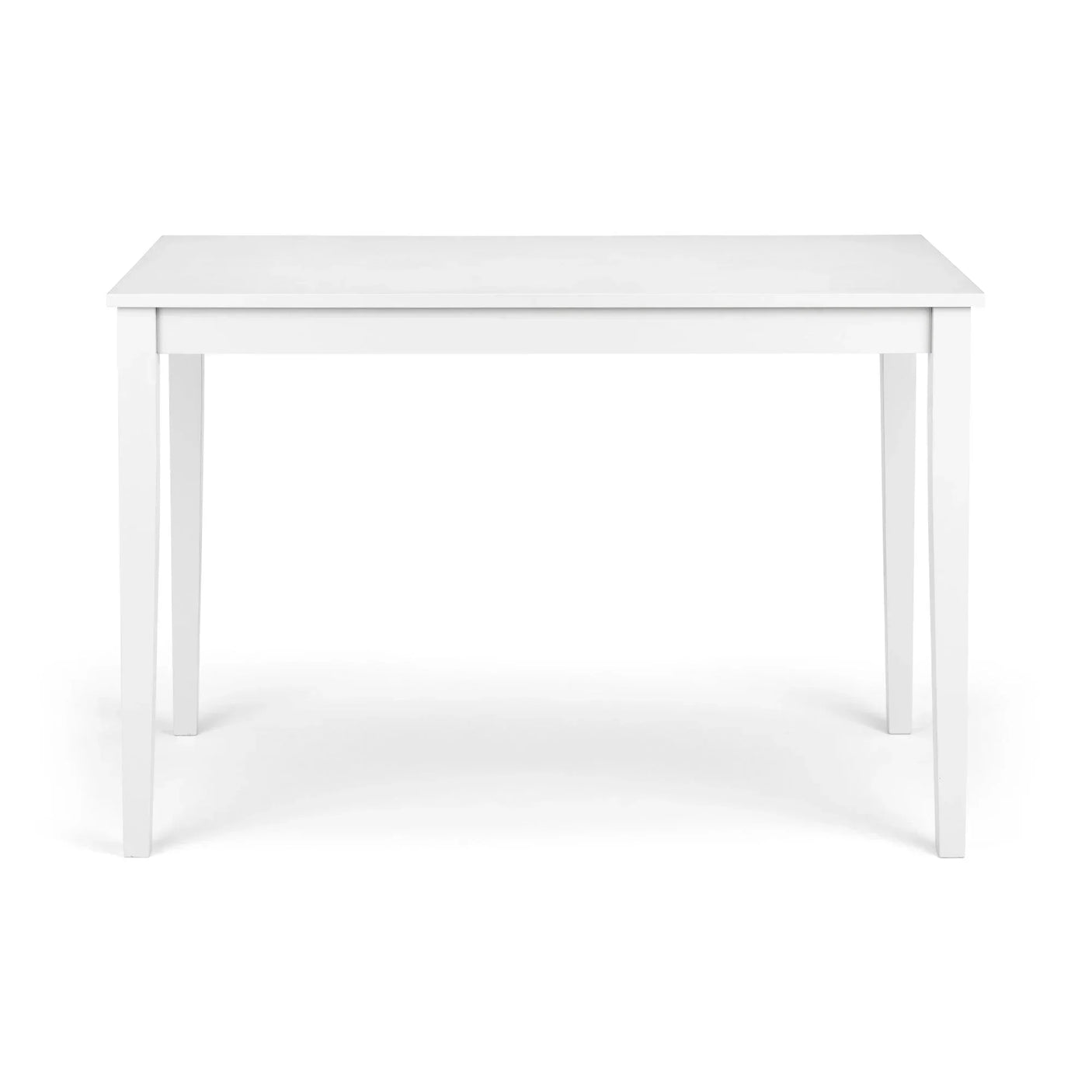 White rectangular dining table with clean lines and tapered legs, front view
