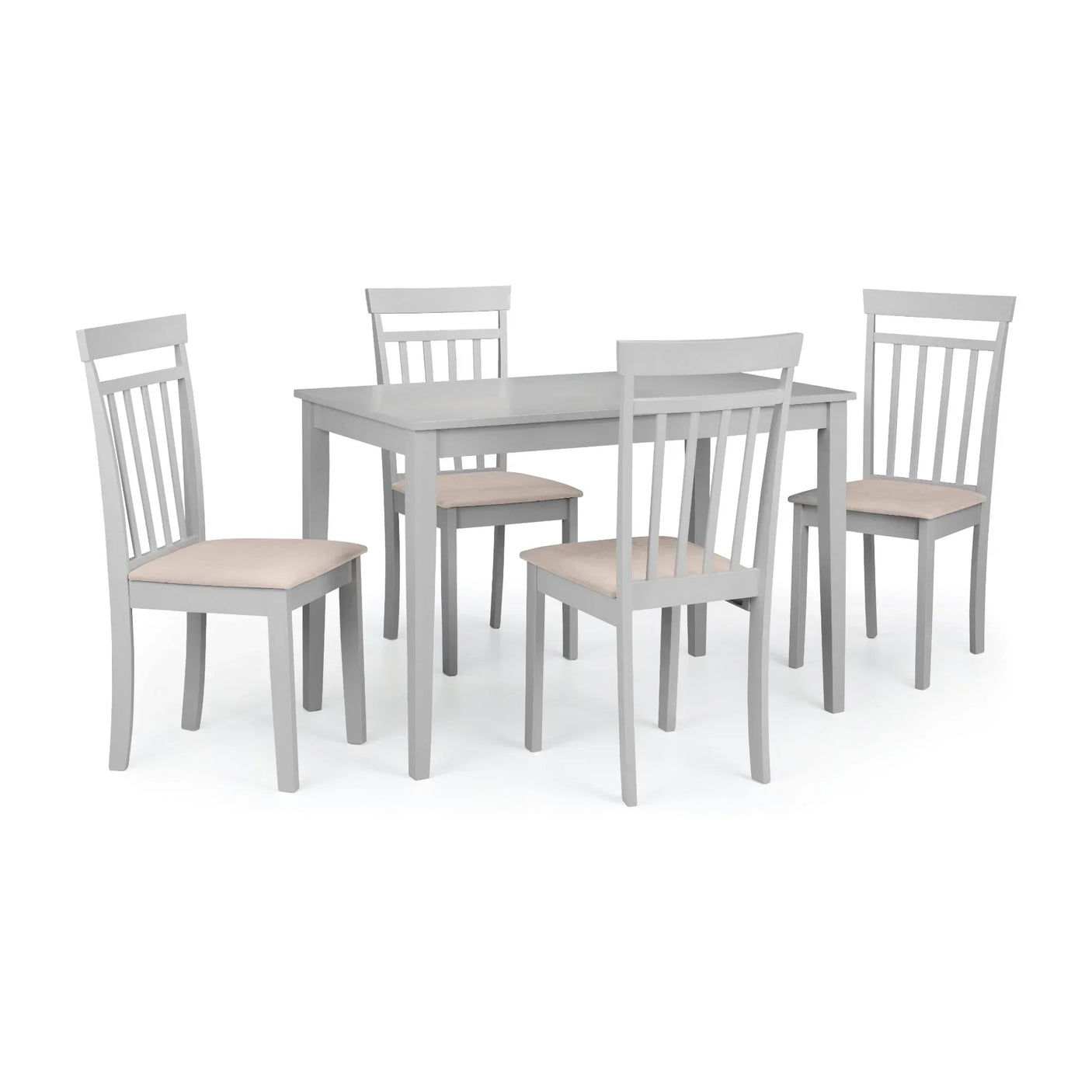 Grey dining table set with four slatted back chairs and beige cushioned seats