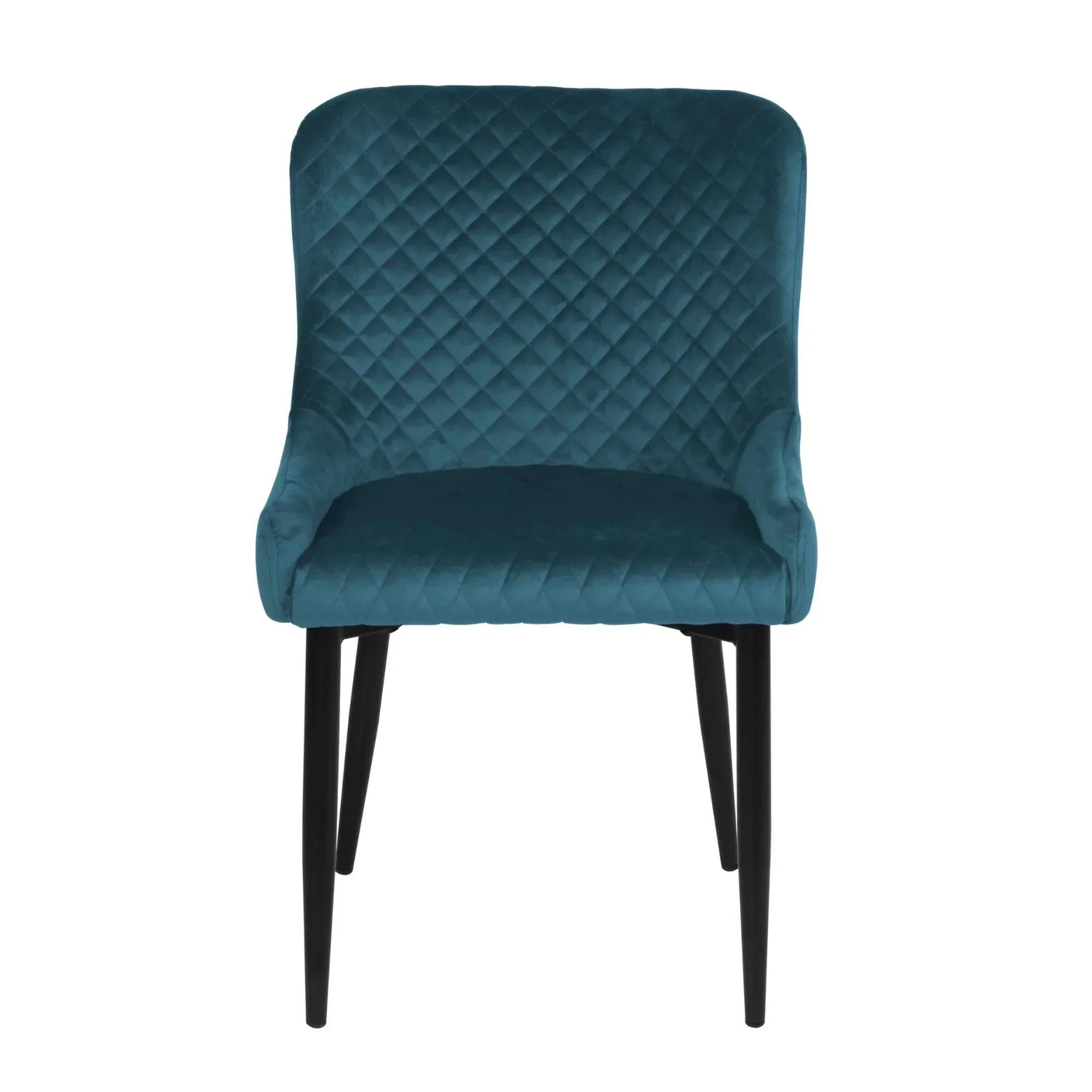 Teal velvet dining chair with diamond quilted back and black legs, front view
