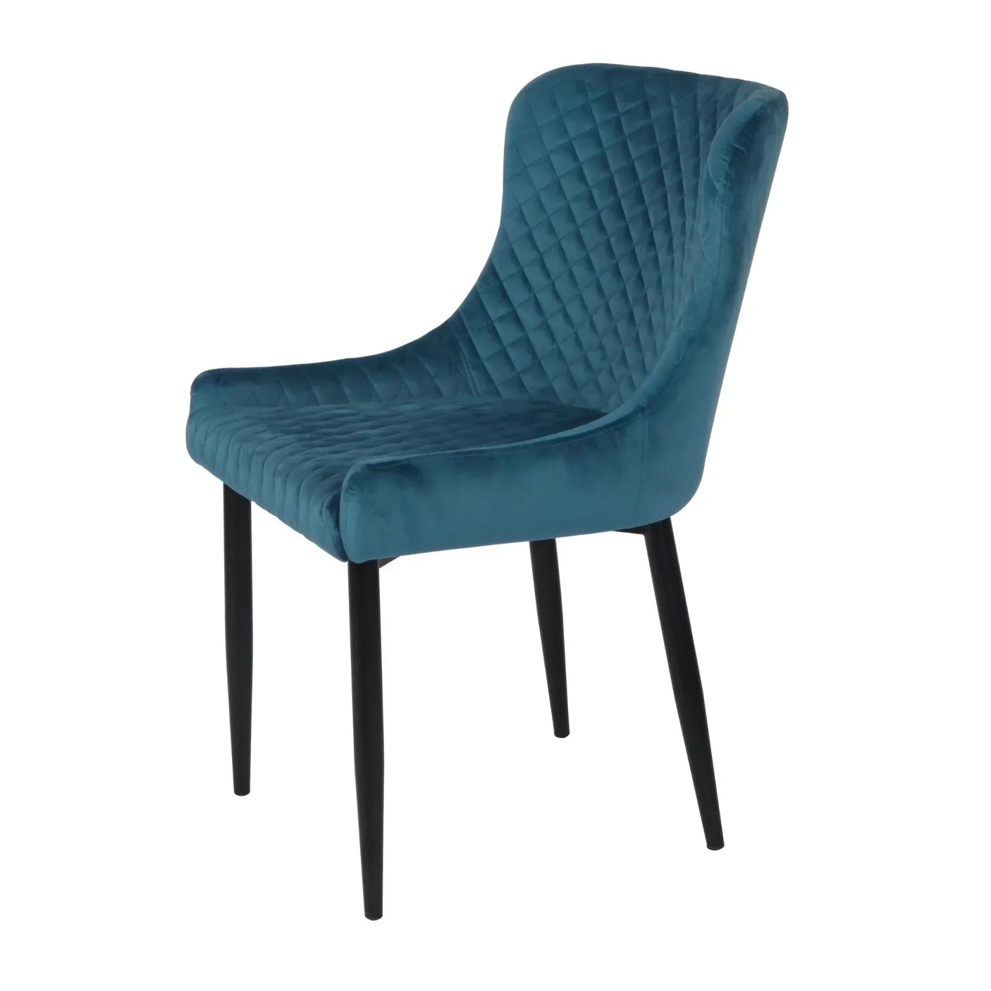 Teal velvet dining chair with diamond stitching and black legs, angled front view