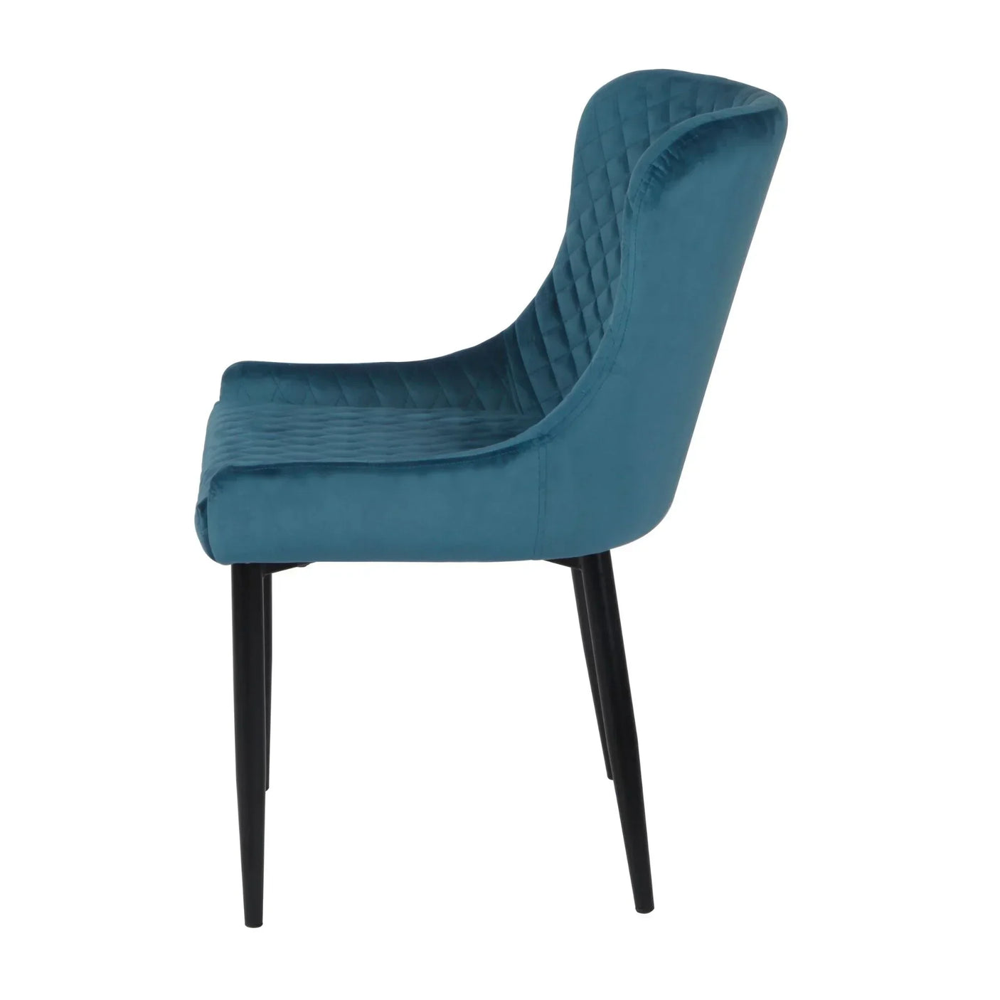 Side view of teal velvet dining chair with quilted back and slender black legs