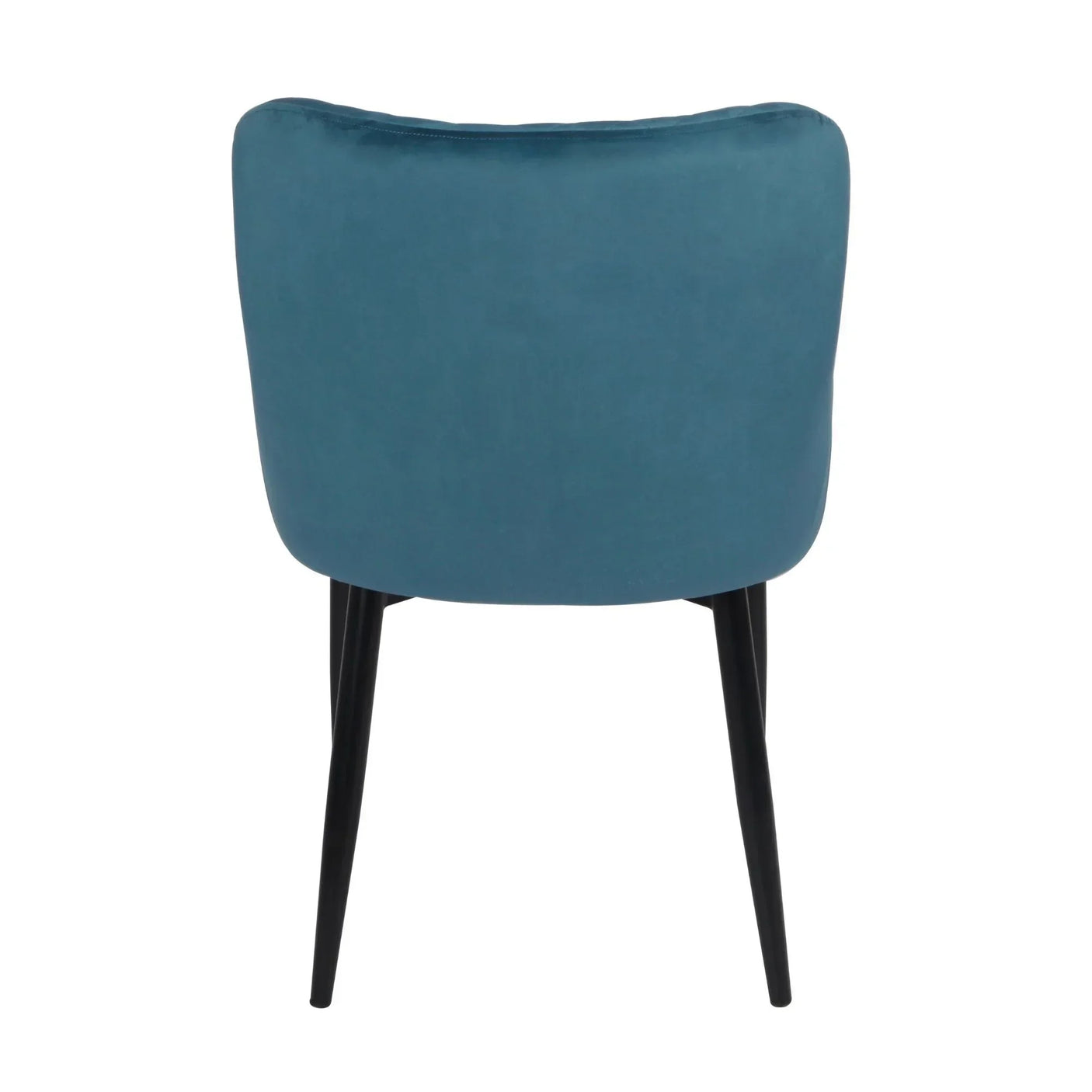 Rear view of blue velvet dining chair with curved back and black legs