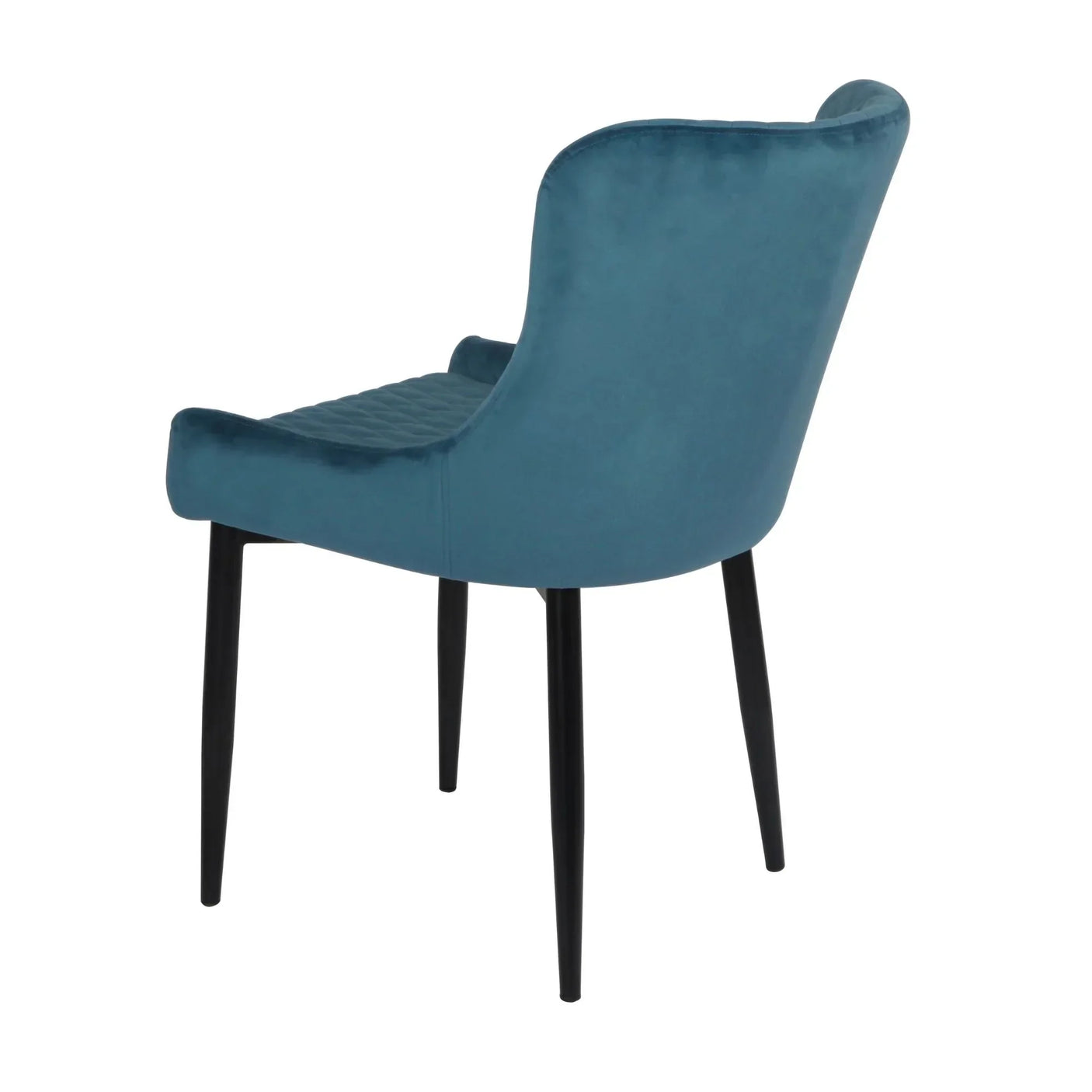 Blue velvet dining chair with black legs, rear angle view