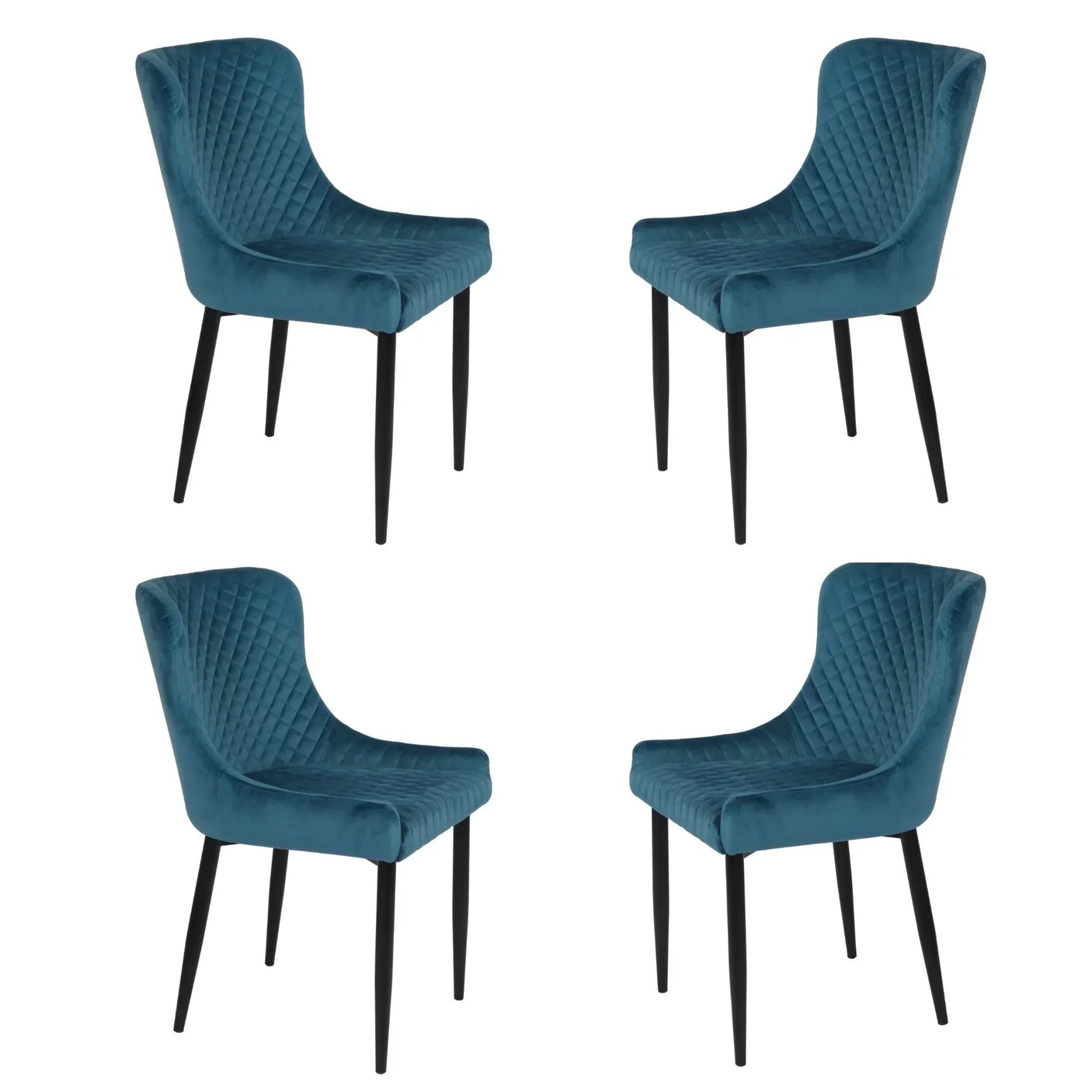 set of four blue velvet dining chairs with quilted backrest and black legs