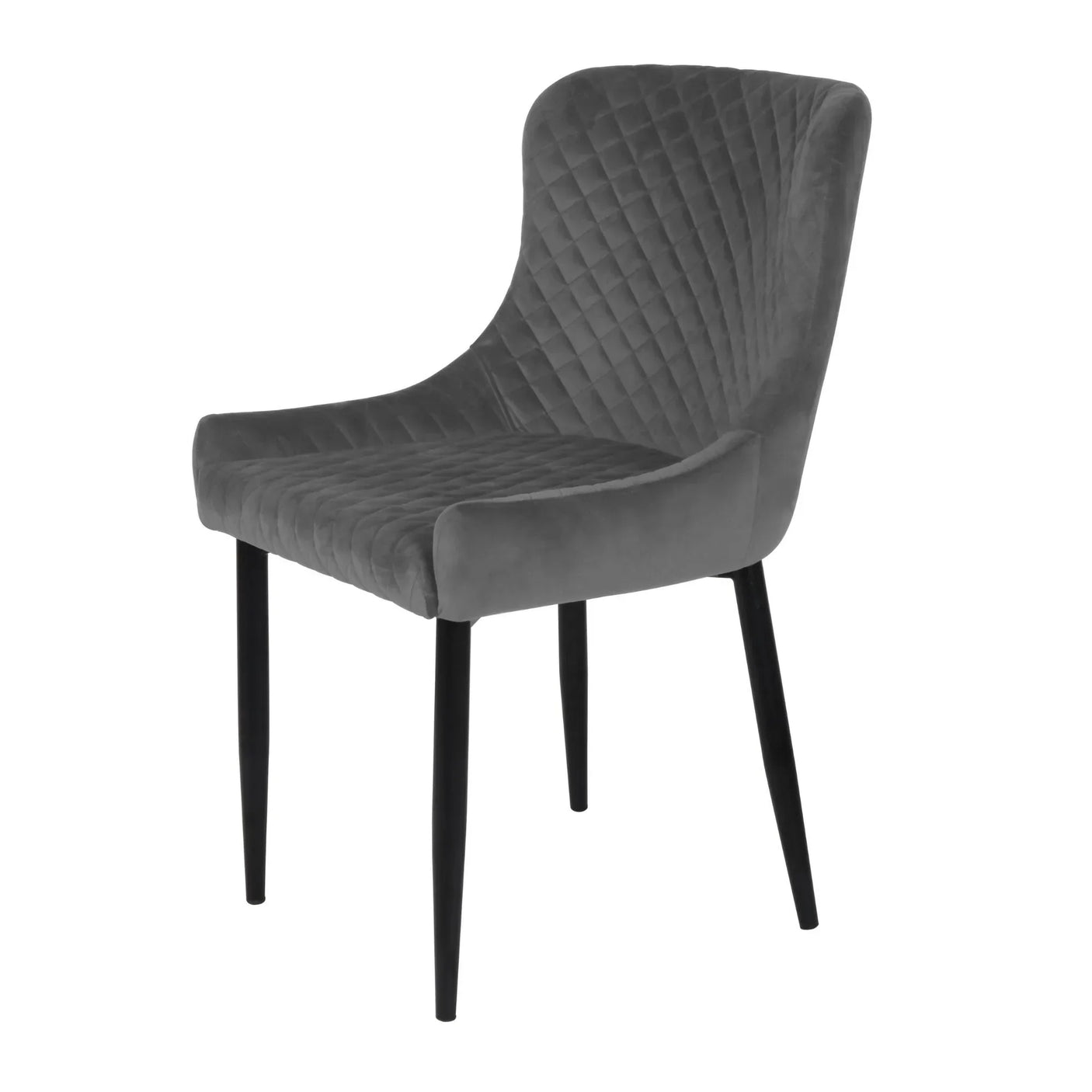 Grey velvet dining chair with quilted backrest and black tapered legs