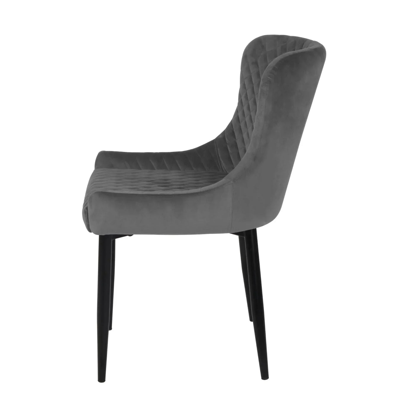 Grey velvet dining chair with quilted backrest and black metal legs side view