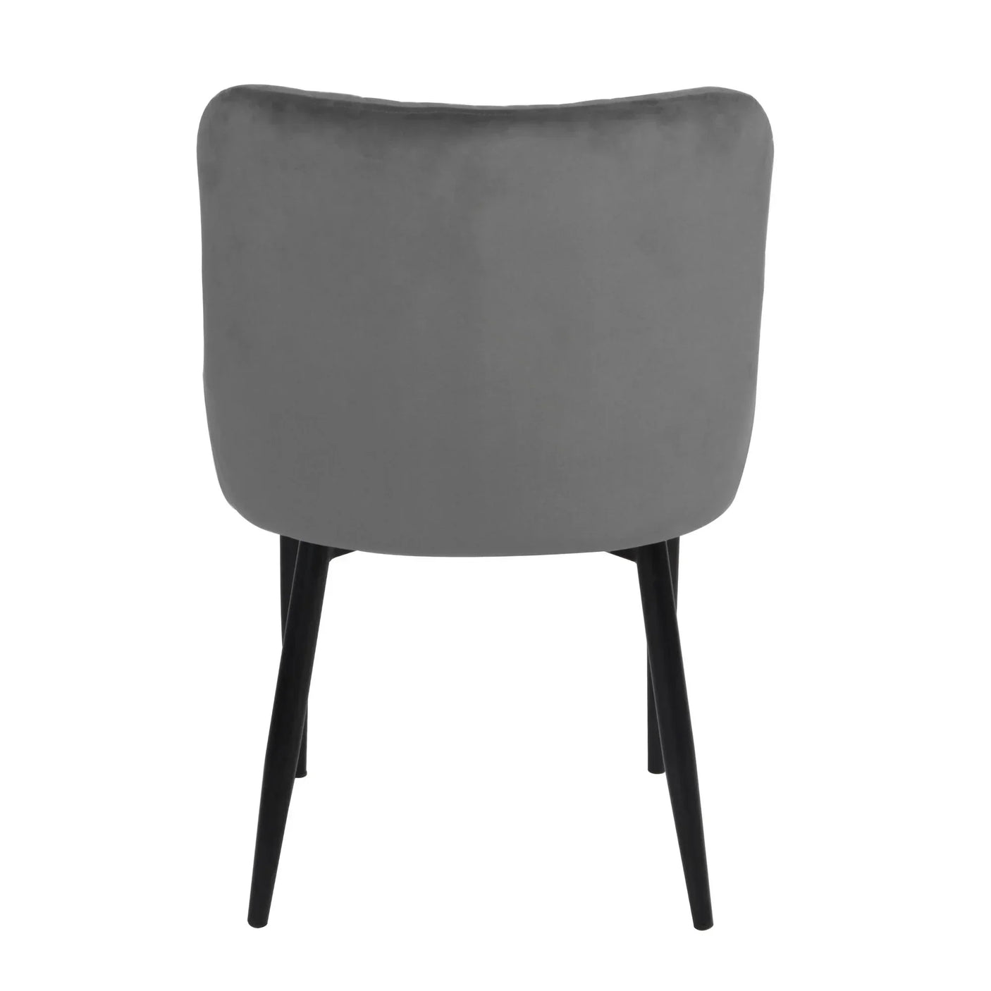 Grey velvet dining chair with black metal legs viewed from the back