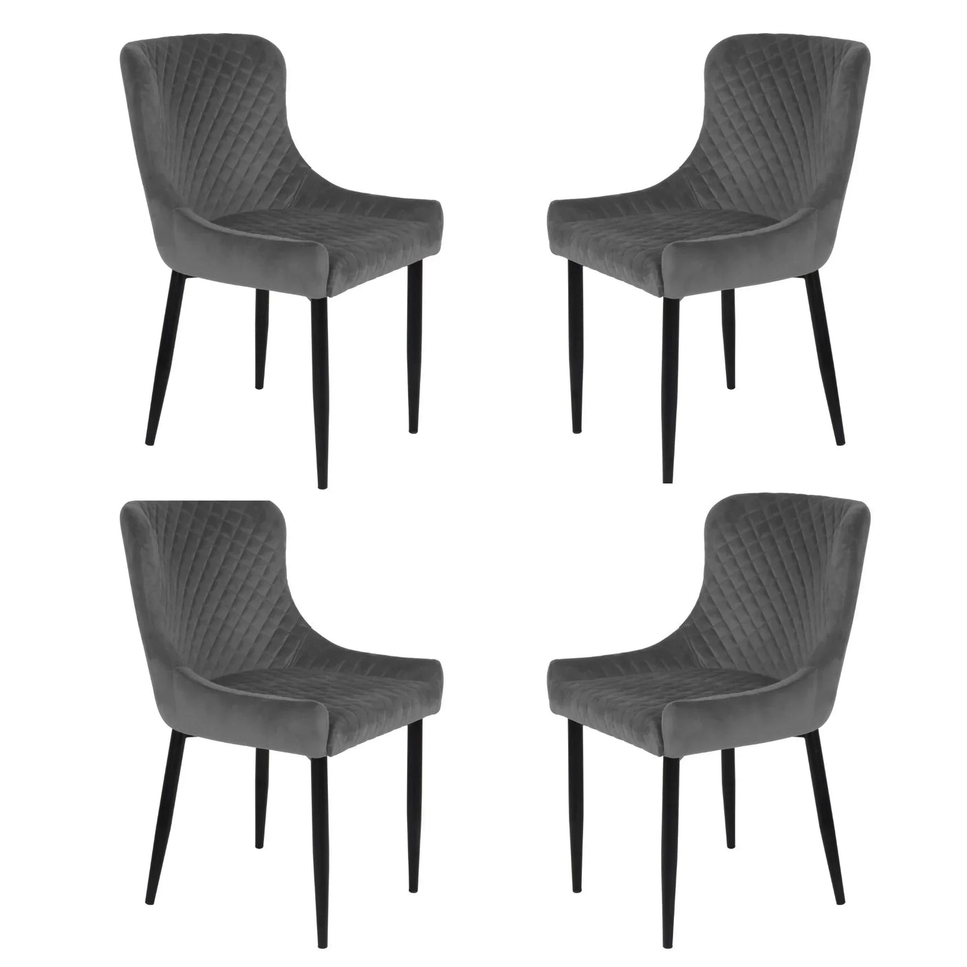 Set of four grey velvet dining chairs with quilted back and black metal legs