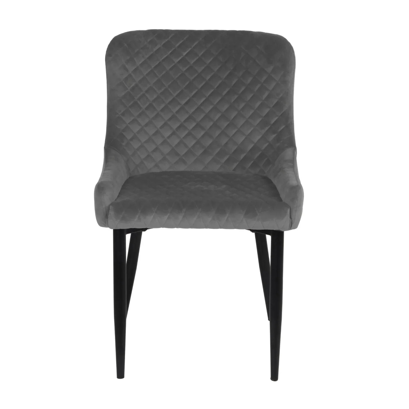Grey velvet dining chair with quilted backrest and black tapered legs, front view