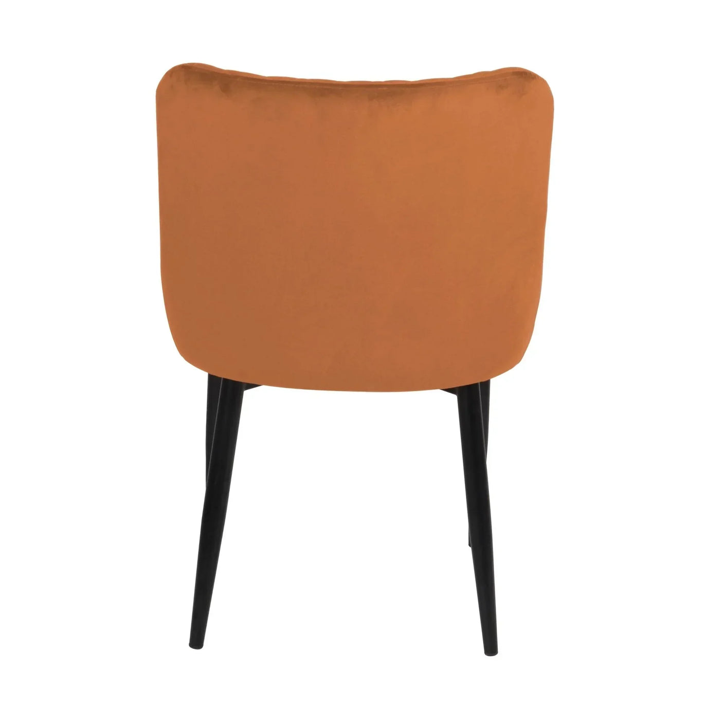 Velvet accent chair in orange with curved backrest and black metal legs, rear view