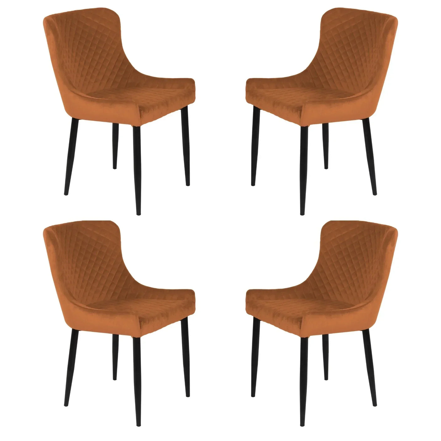 Set of four orange velvet dining chairs with quilted backs and black legs on white background