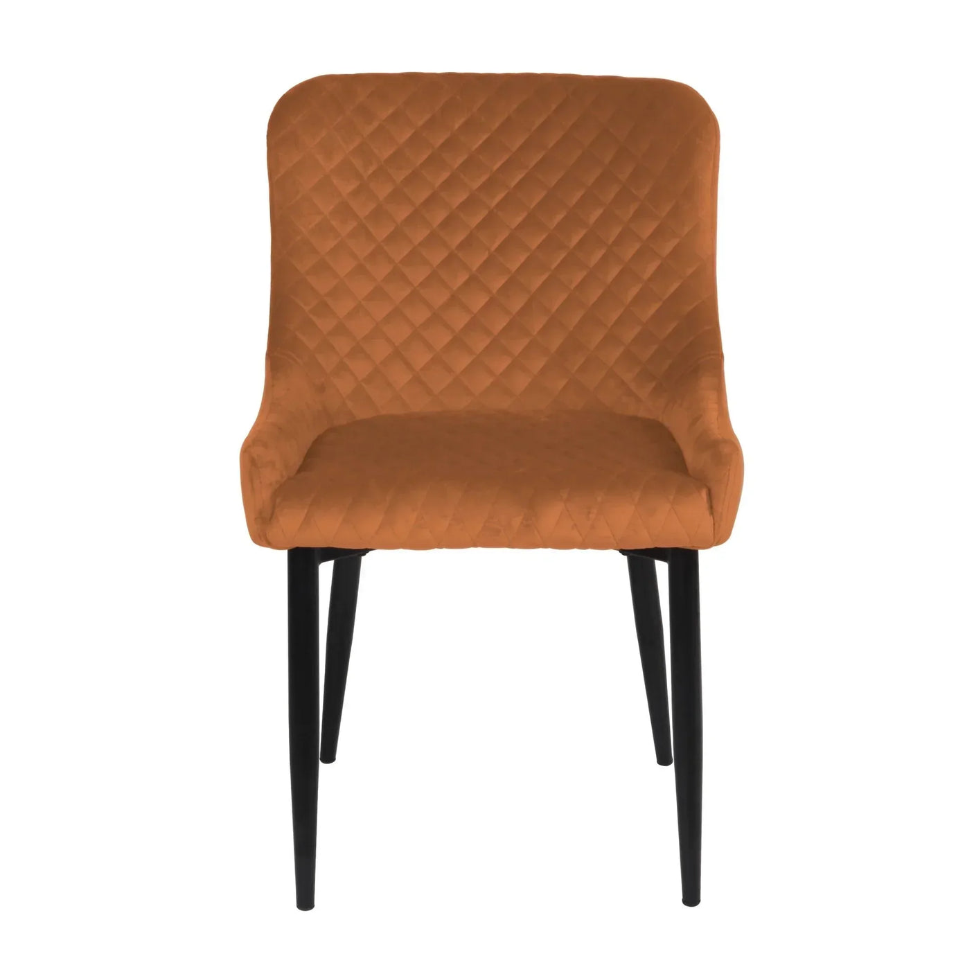Quilted orange velvet dining chair with black tapered legs, front view