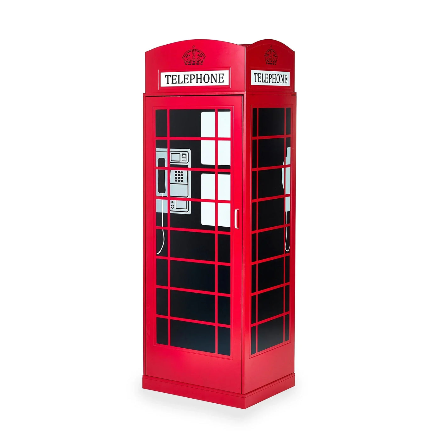 Red telephone box style wardrobe with glass panels and painted phone details