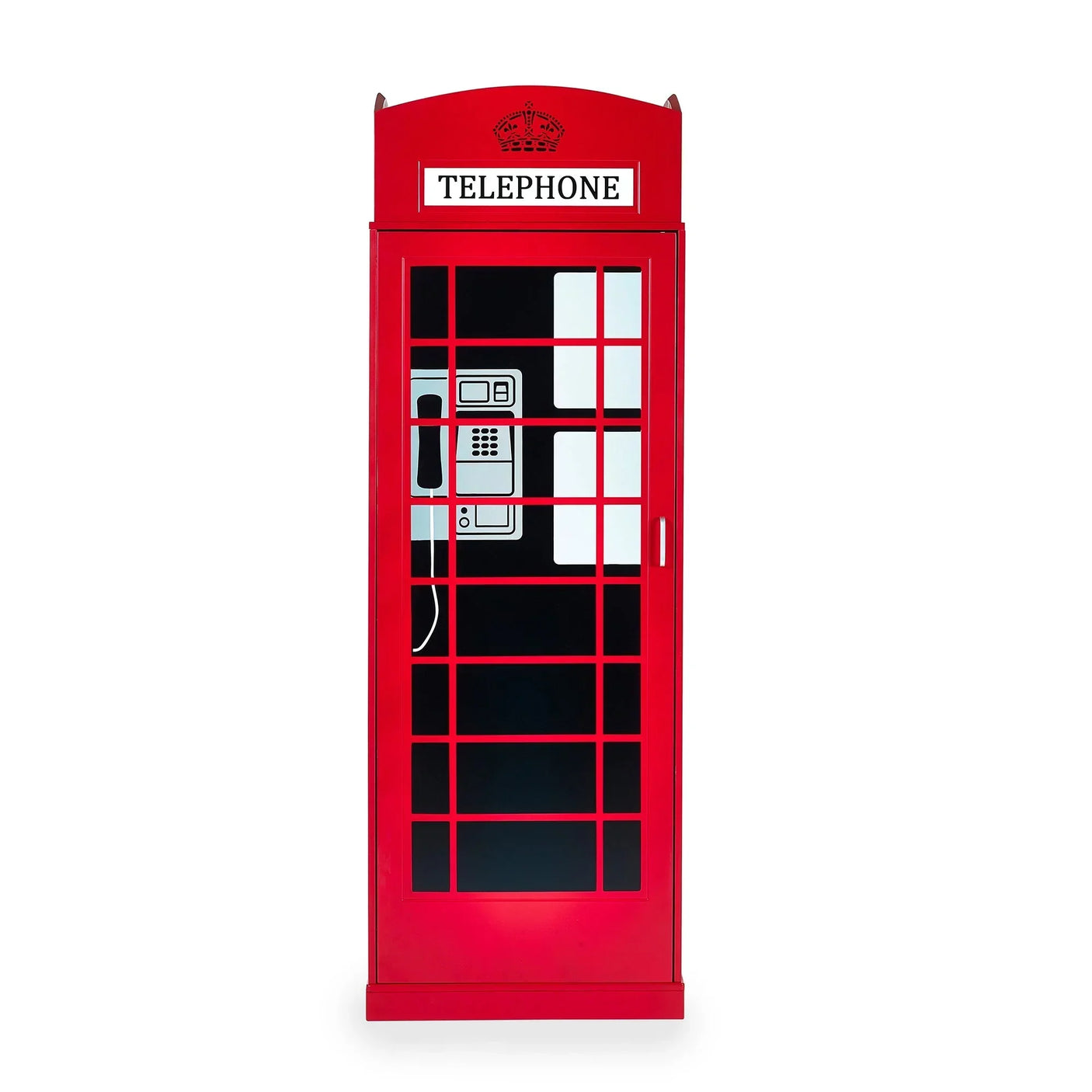 Red telephone box wardrobe with glass pane door and printed phone detail on front panel