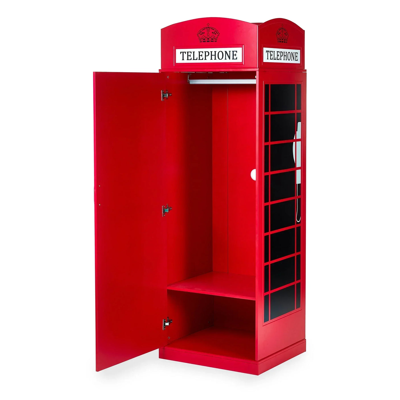 Red telephone box wardrobe with open door, hanging rail, shelves, and window detail