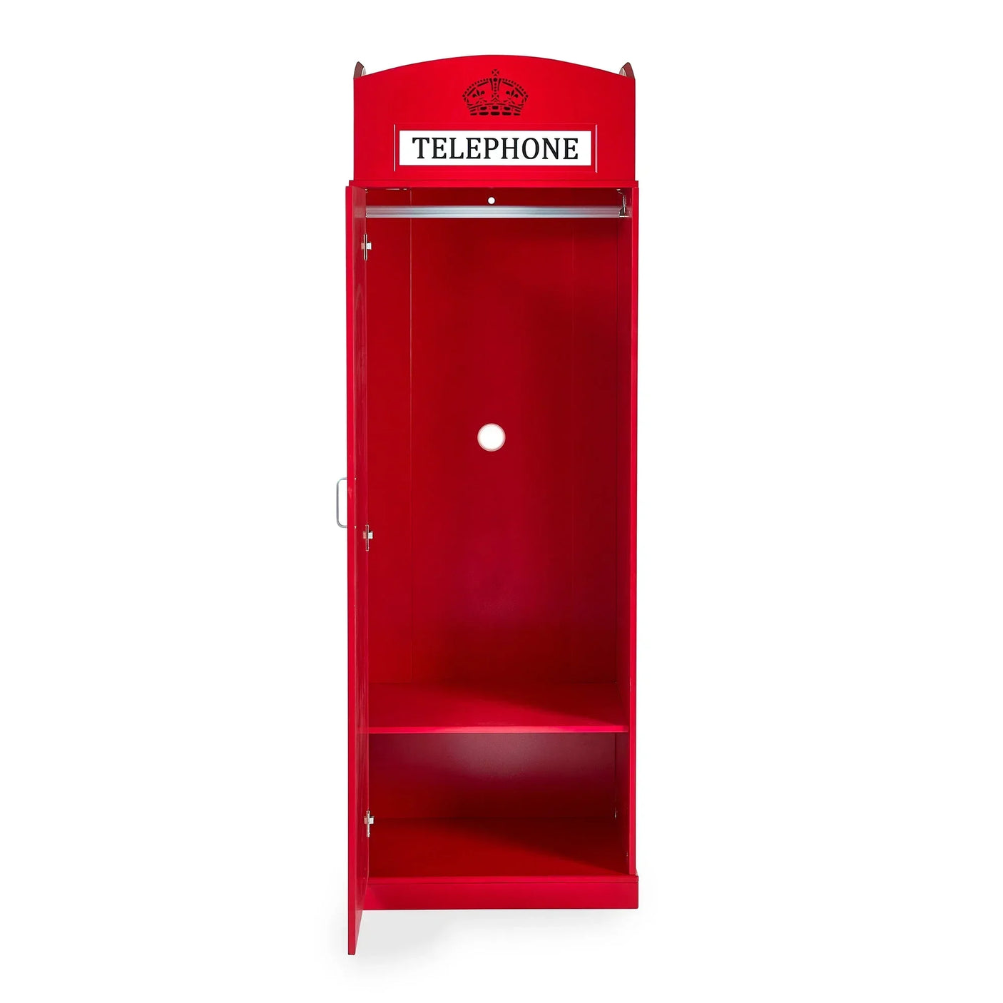 Red telephone box wardrobe with open door, hanging rail and lower storage shelf