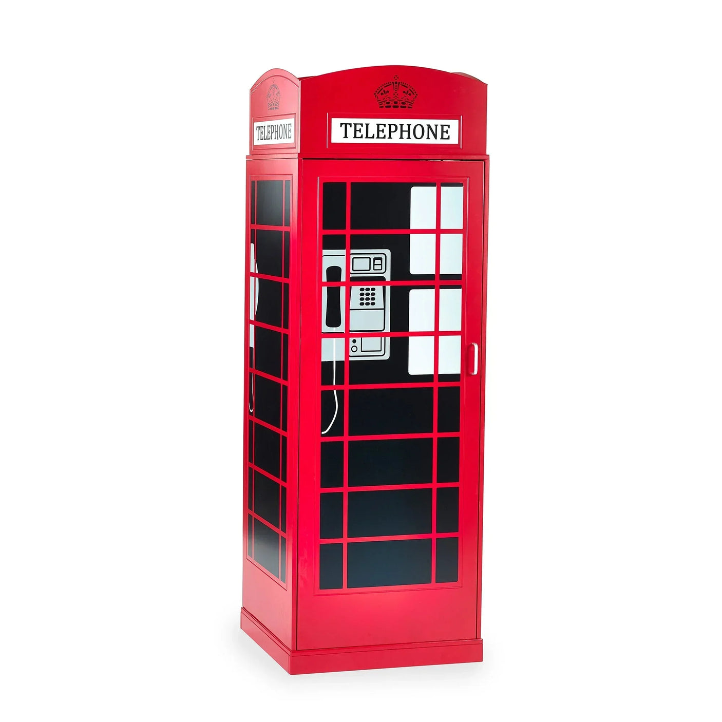 Red telephone box wardrobe with glass panel doors and illustrated payphone detail