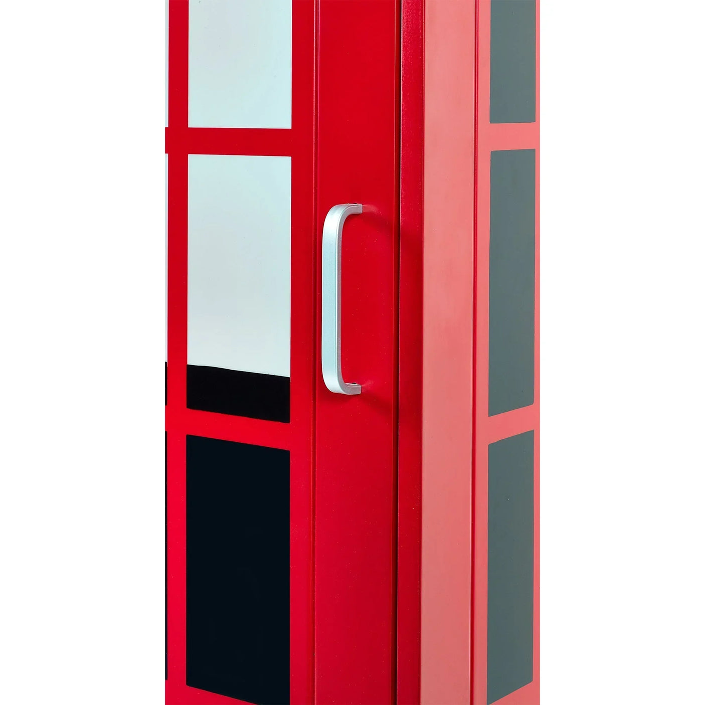 Red telephone box wardrobe door with metallic handle and window panel detailing