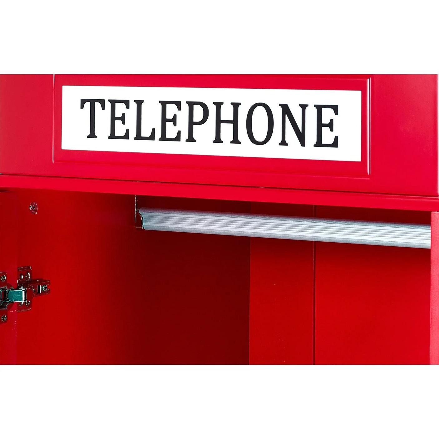 Red telephone box wardrobe detail showing hanging rail and metal hinge