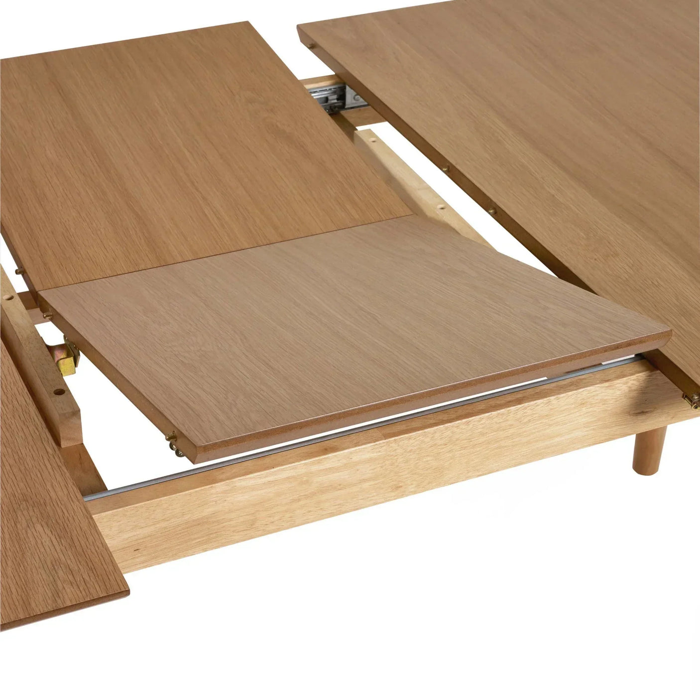 Oak extending dining table with central leaf extension partially open