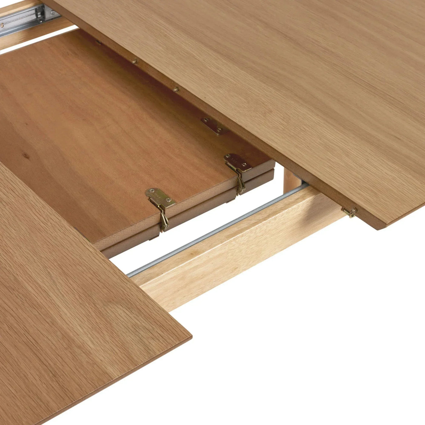 oak extending dining table with visible extension leaf and metal hinges detail