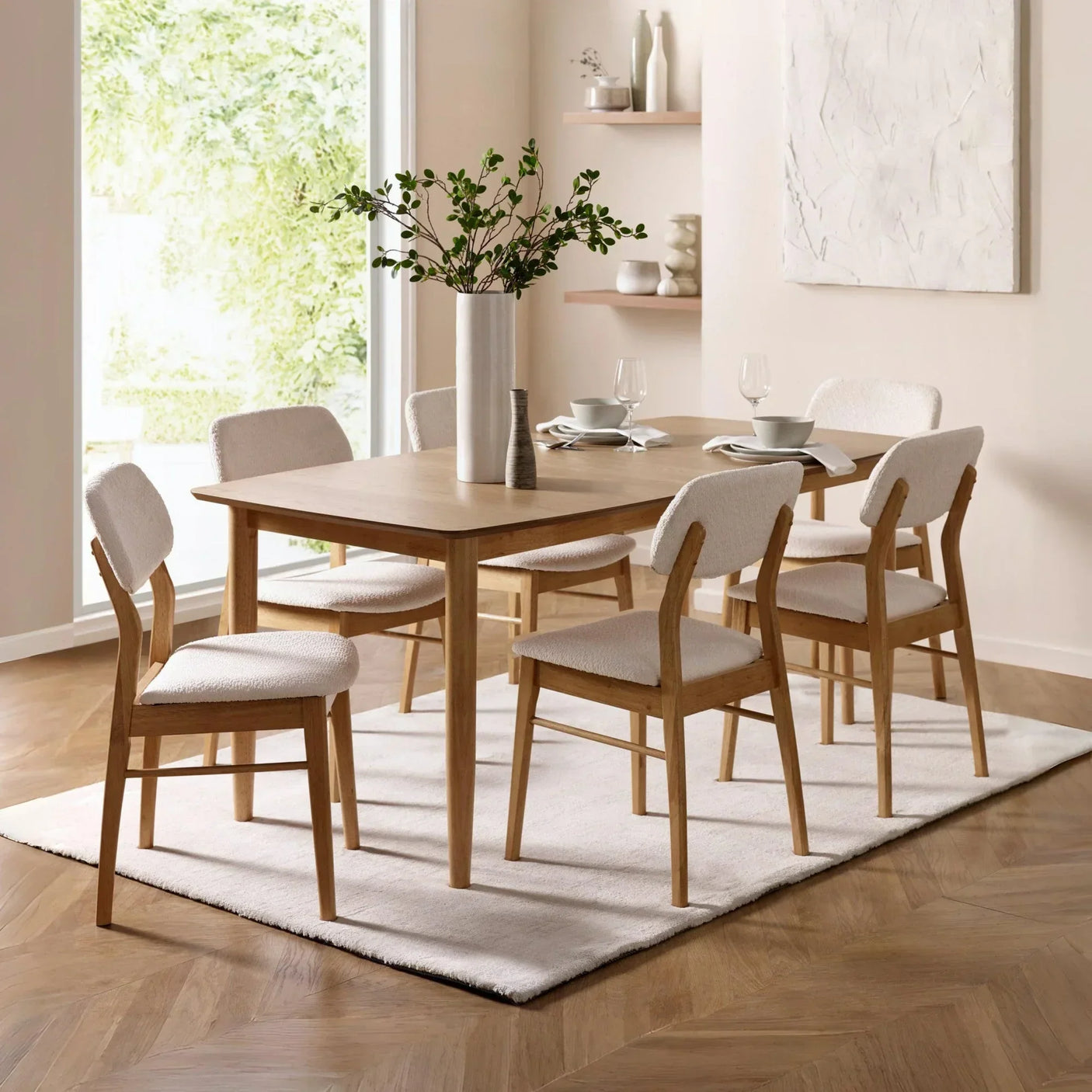 Oak dining table set with six upholstered chairs on a cream rug in modern dining room