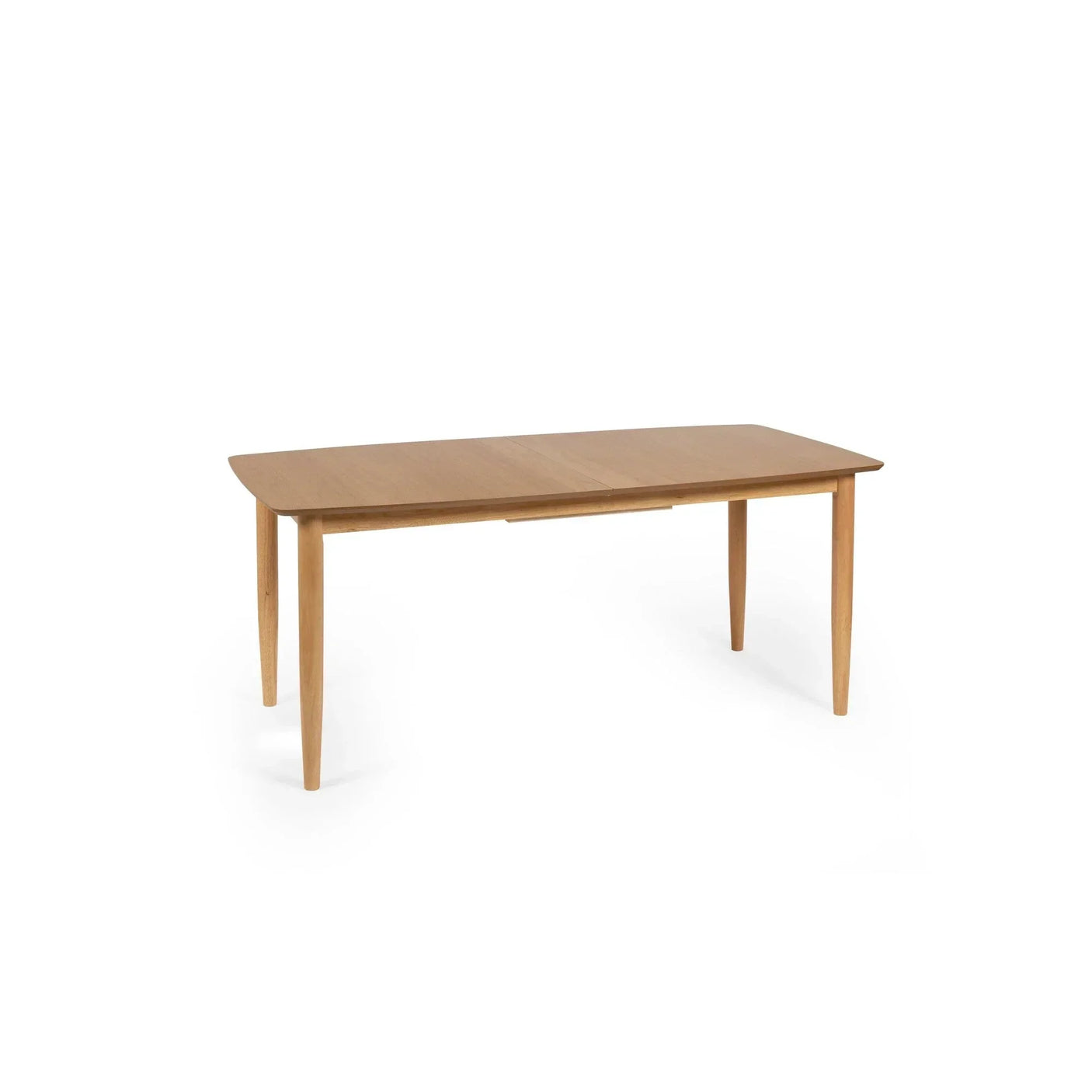 Rectangular wooden dining table with tapered legs and a smooth light oak finish