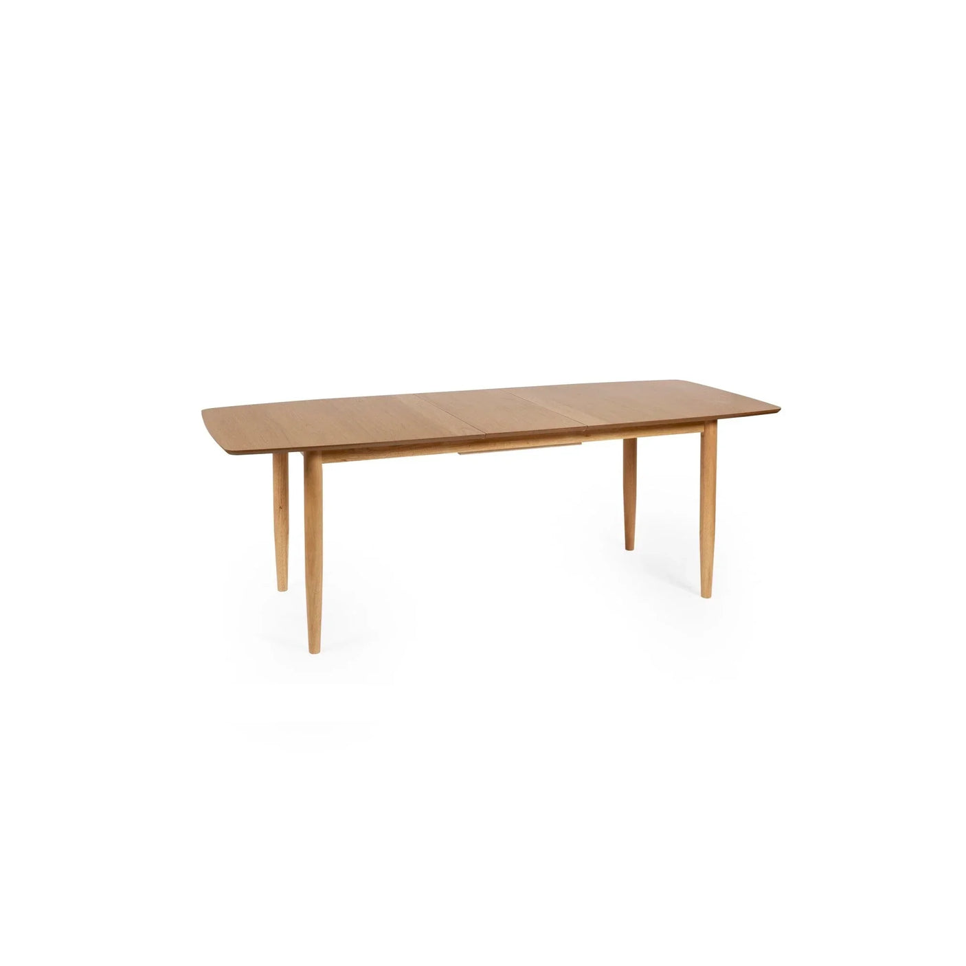 Rectangular oak dining table with tapered legs and natural wood finish on white background