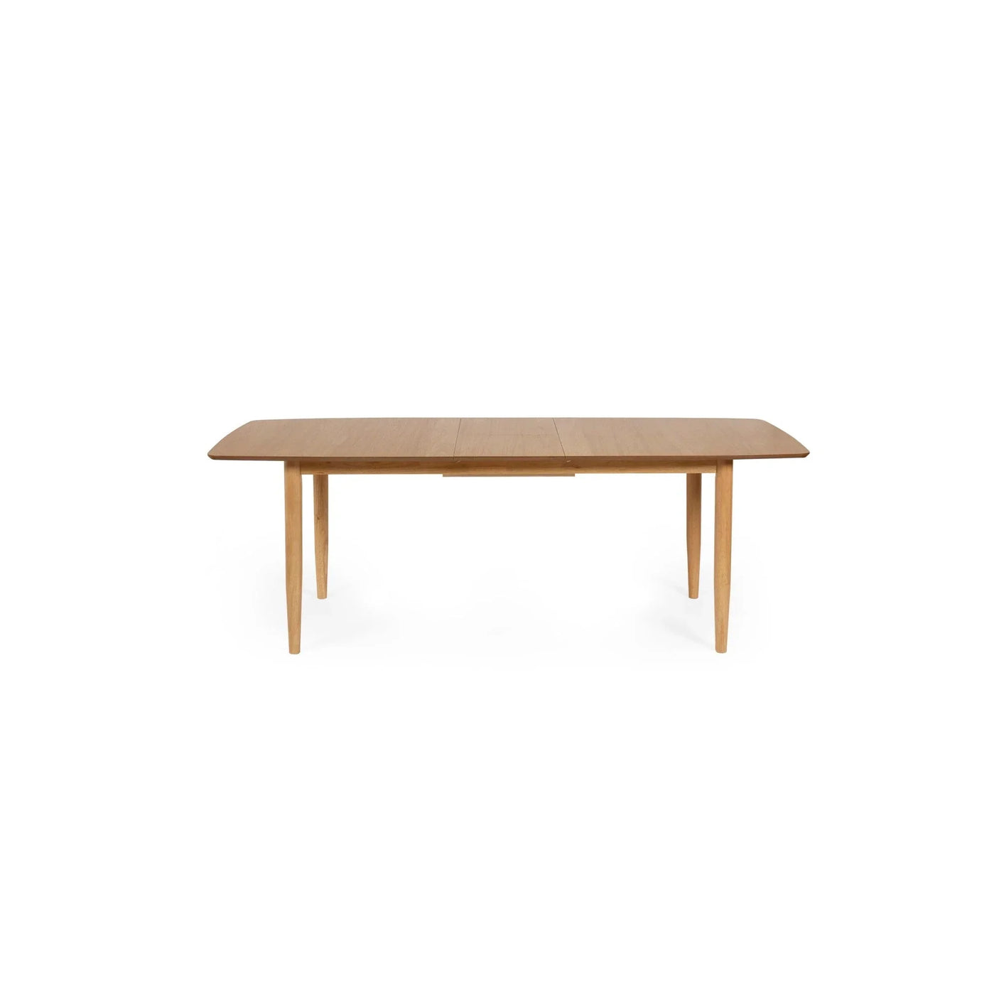Rectangular oak dining table with four tapered legs, shown from the front on white background