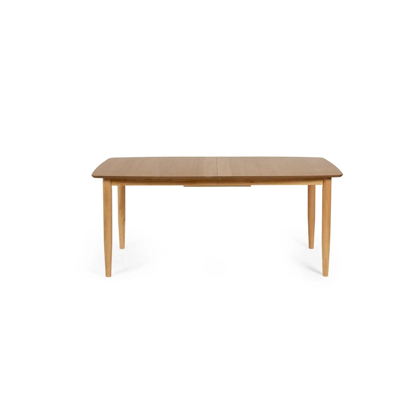 Rectangular wooden dining table with tapered legs, natural finish, front view