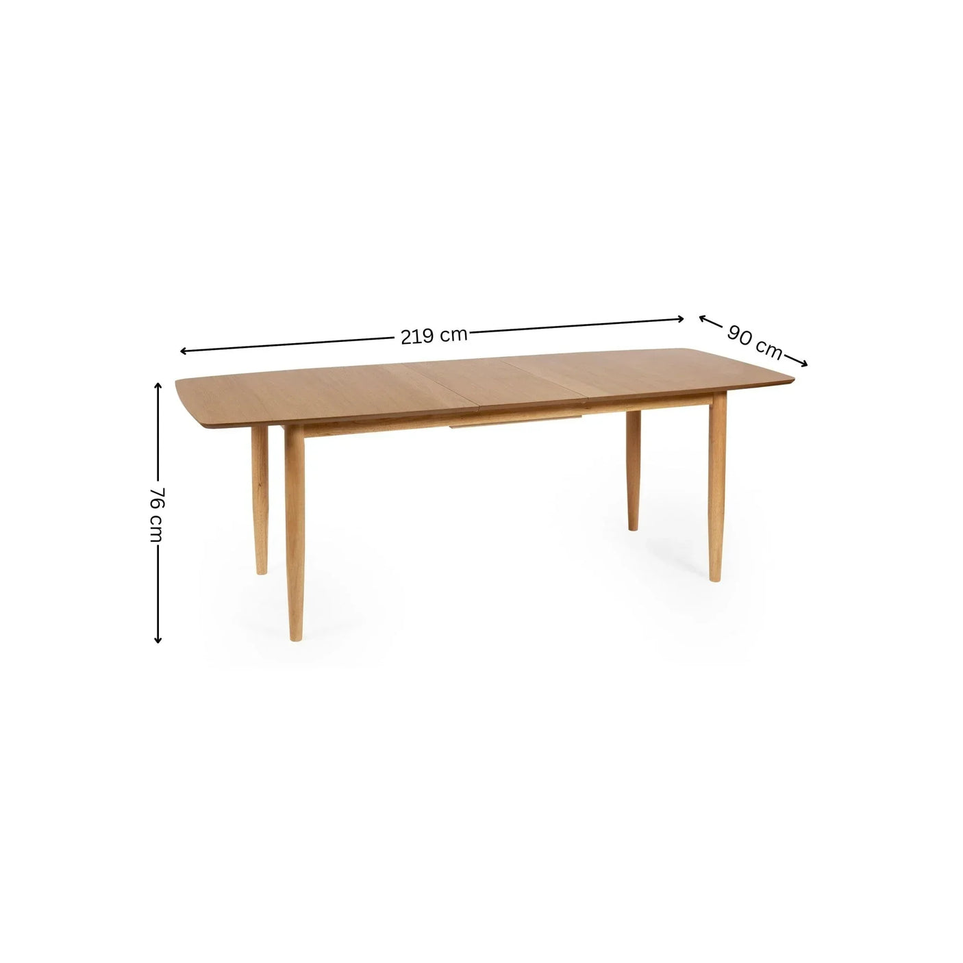 Rectangular oak dining table with tapered legs, 219x90x76 cm dimensions shown