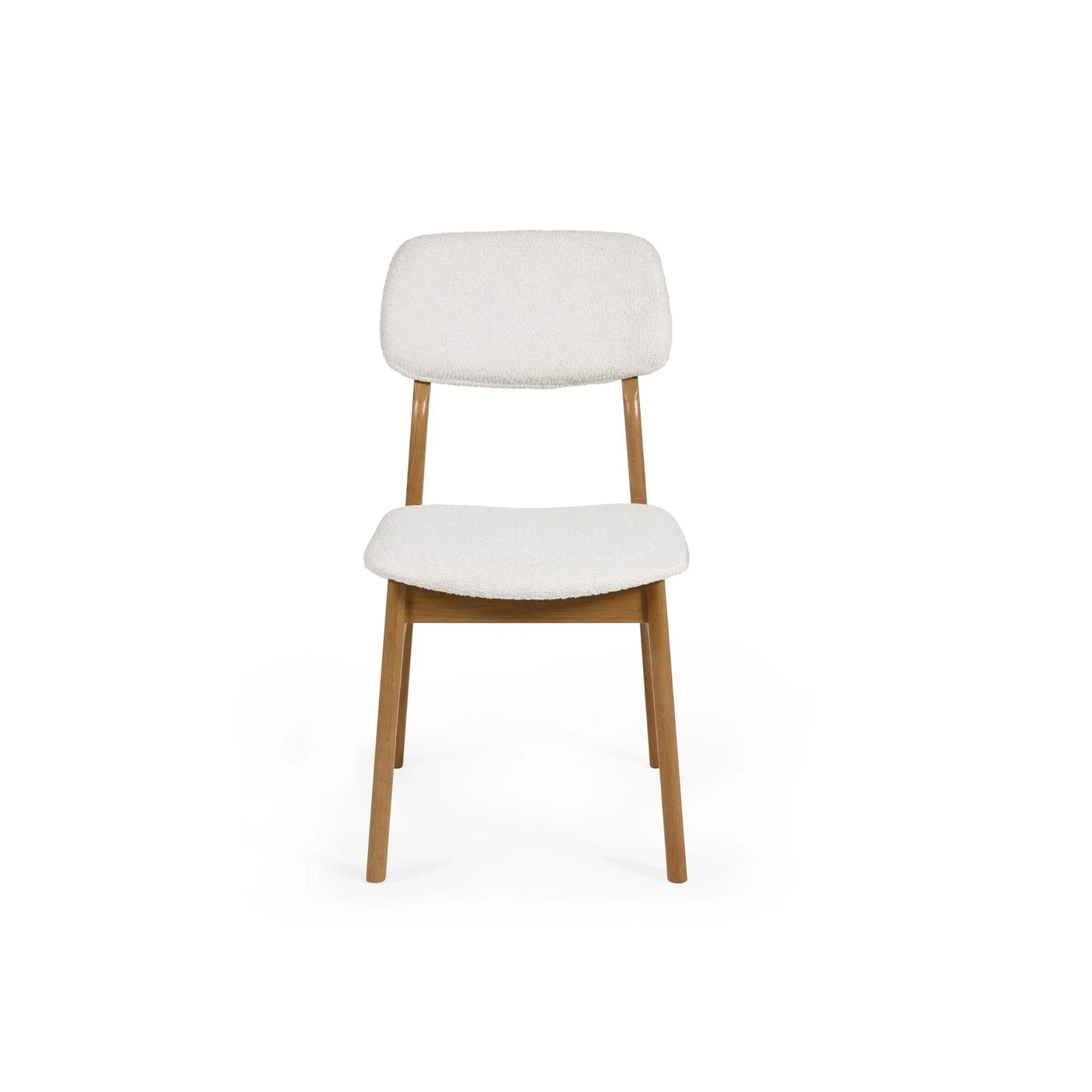 White upholstered dining chair with wooden legs, front view on plain background