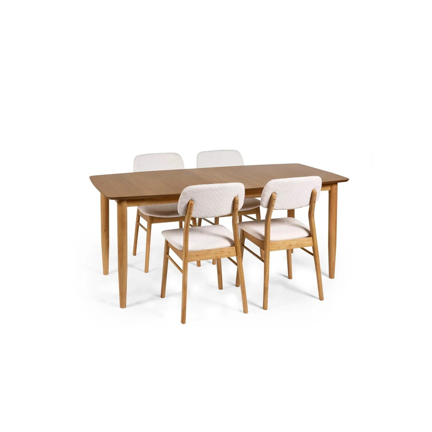 Rectangular wooden dining table set with four beige upholstered chairs