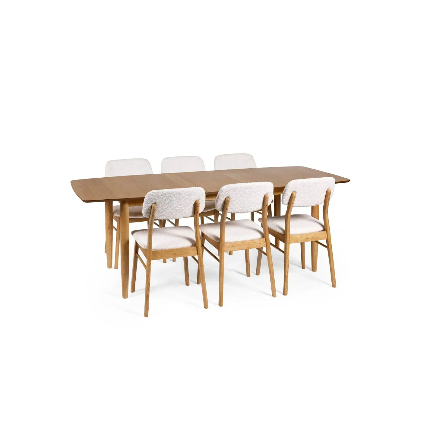 Rectangular wooden dining table with six fabric upholstered chairs, front angle view