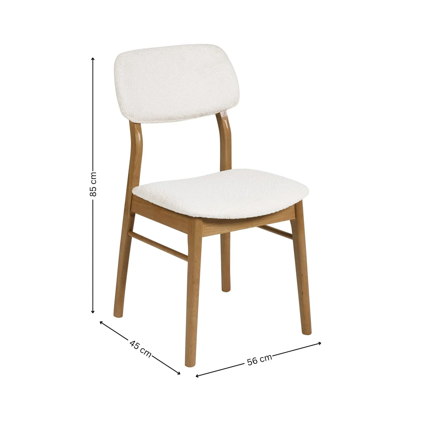 White upholstered dining chair with oak wood frame, dimensions 85 x 45 x 56 cm