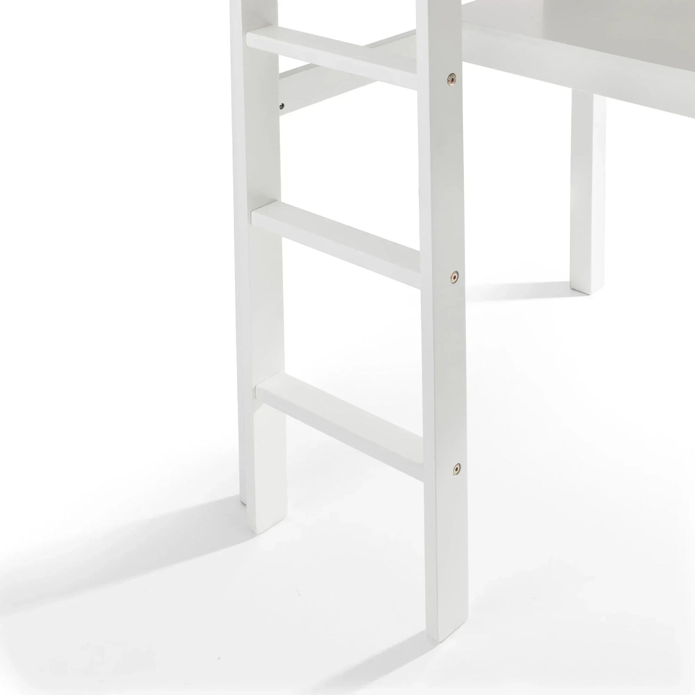 White wooden bunk bed ladder and frame close-up