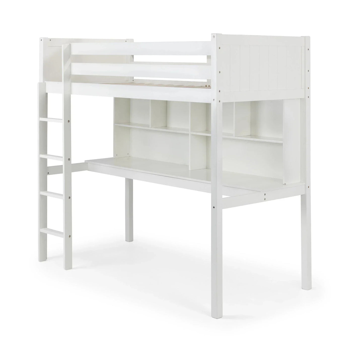 White wooden loft bed with built-in desk, shelves and ladder, shown from rear angle