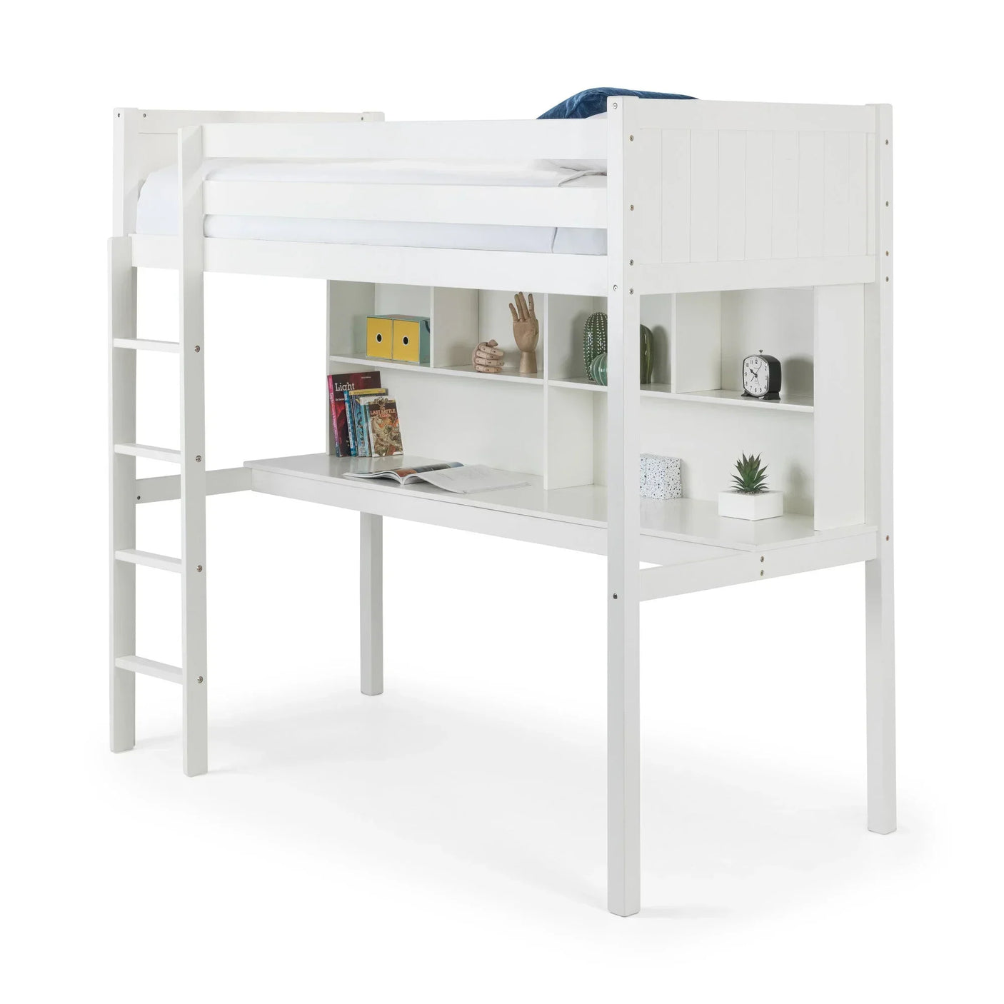 White loft bed with ladder, integrated desk and shelving unit underneath