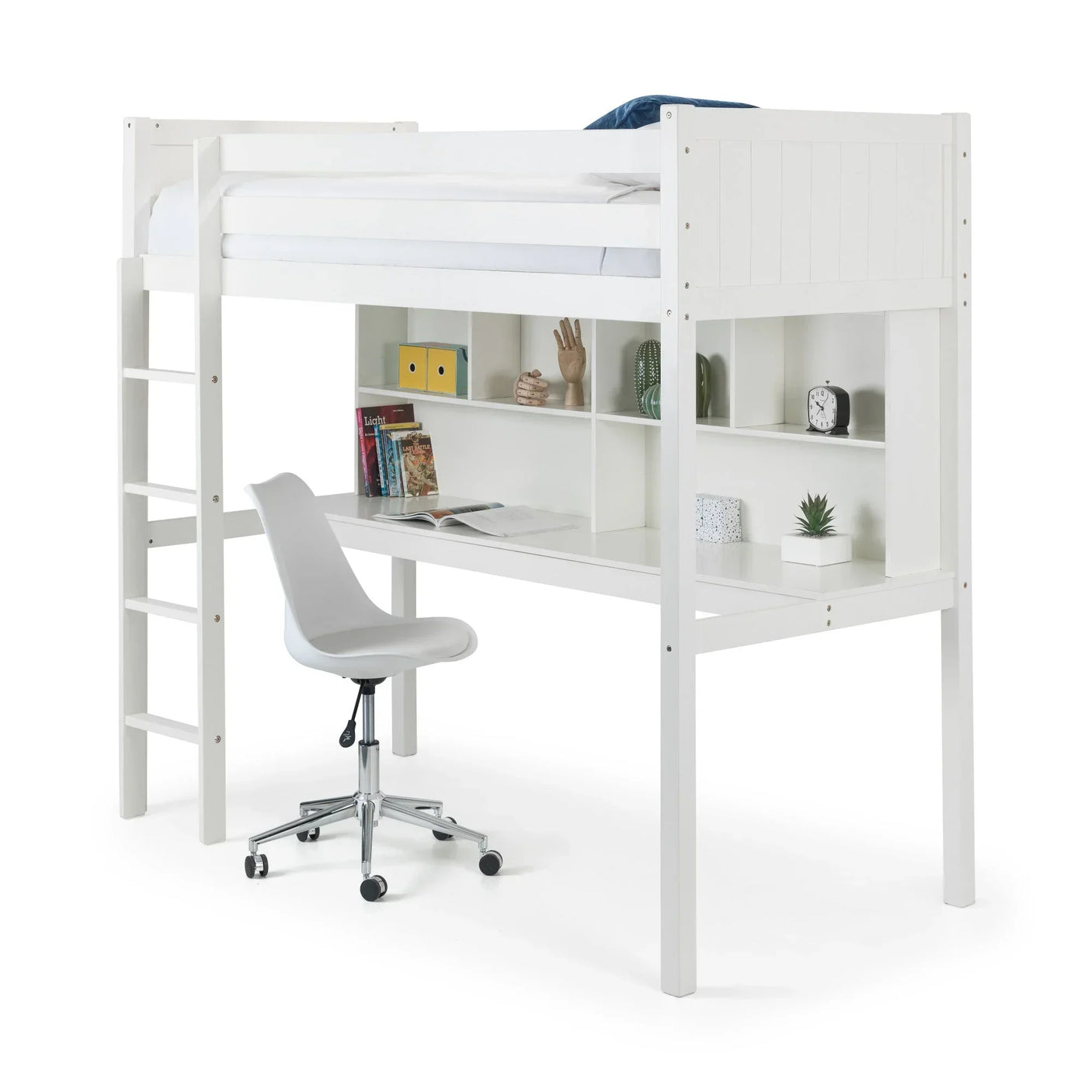 White loft bed with built-in desk, shelving, and ladder, featuring a white office chair