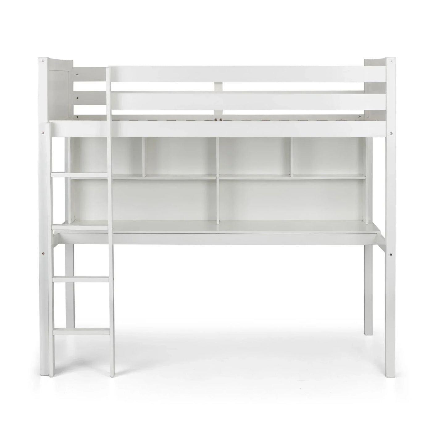 White wooden loft bed with built-in desk, shelving, and ladder front view