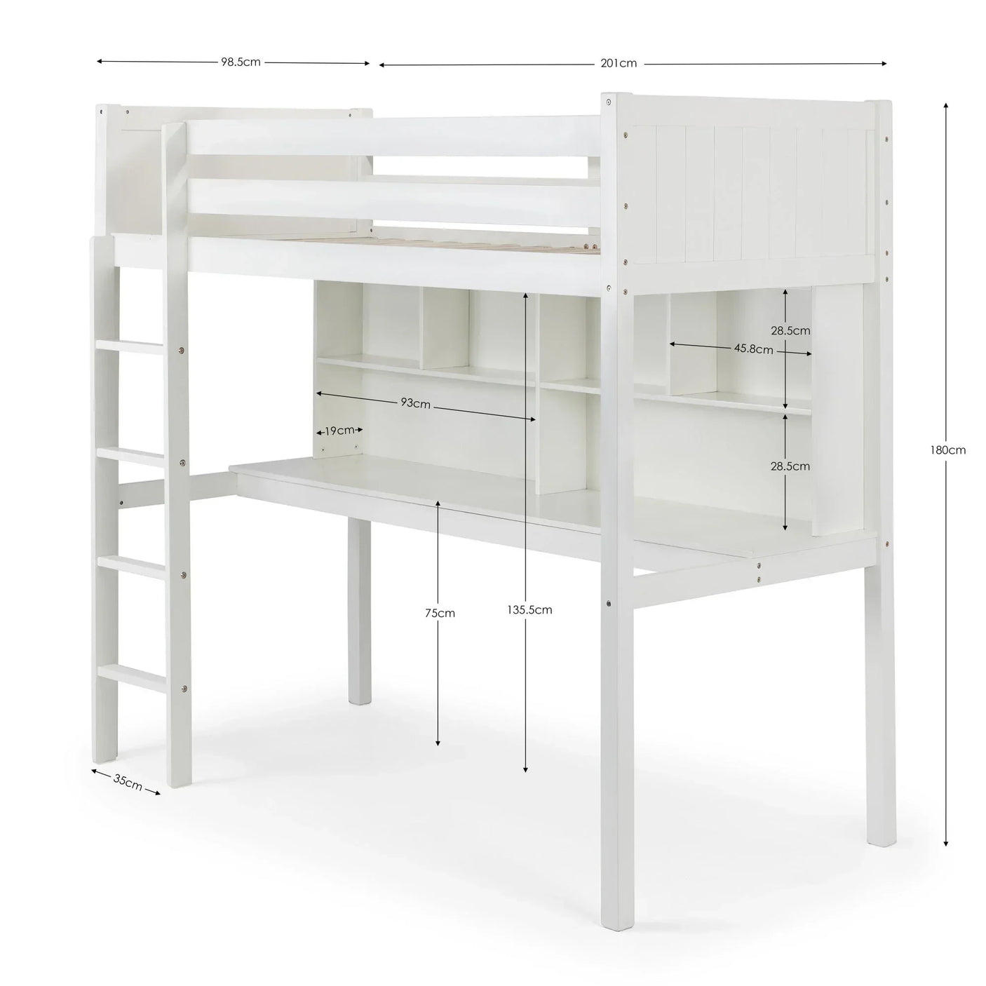 White wooden high sleeper bed with ladder, built-in desk, storage shelves and size measurements