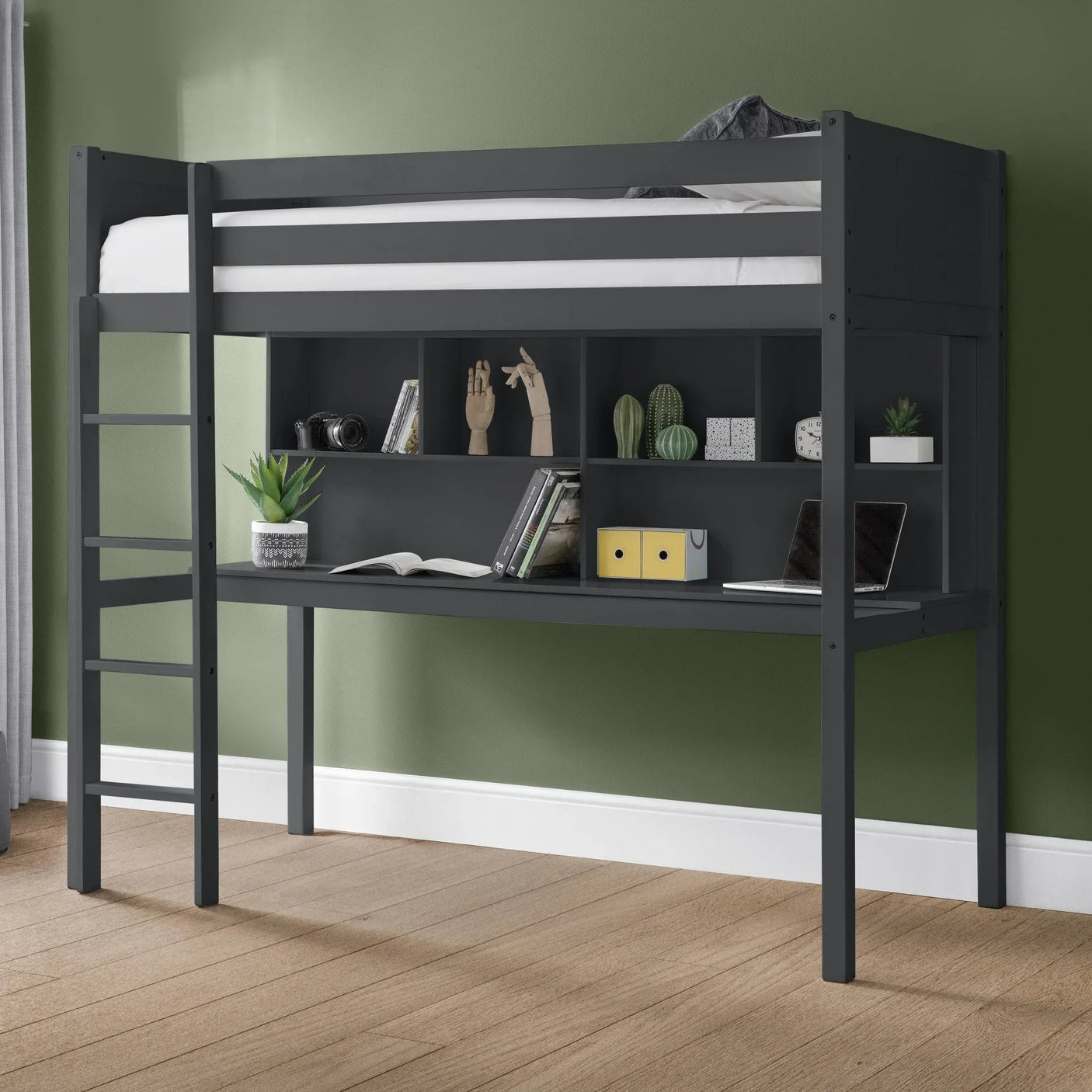 Black wooden loft bed with desk and shelves against green wall, styled with books and plants