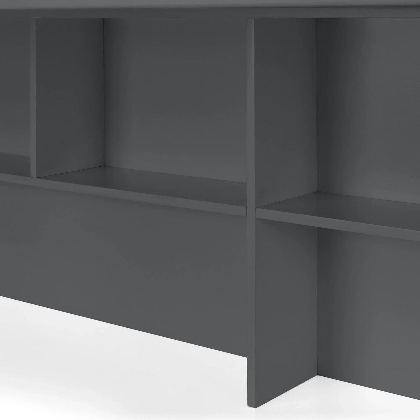Grey wooden storage unit shelves with vertical and horizontal dividers